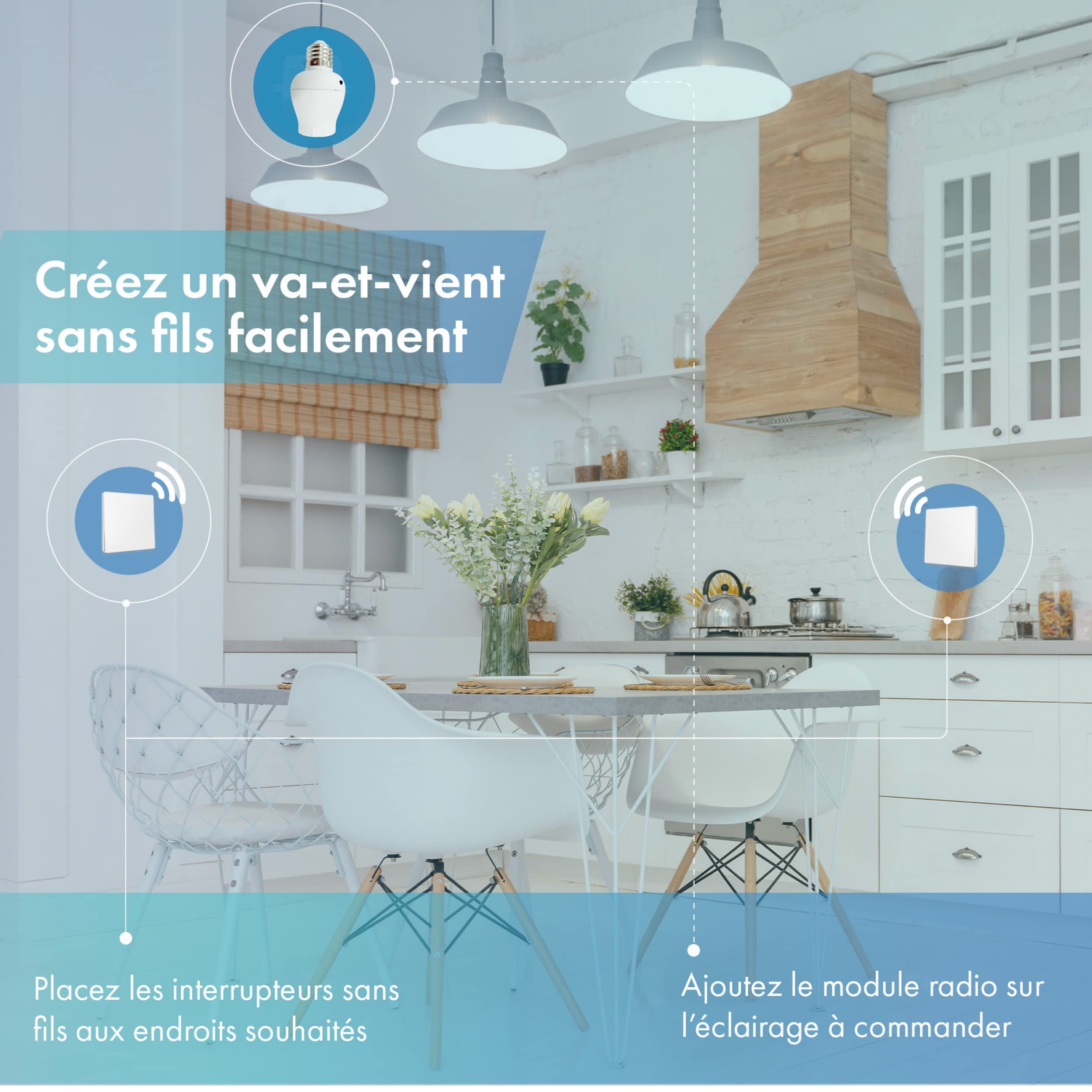 Interrupteur sans fil et sans pile Auto alimenté - Écologique - Qualité Pro - Va et vient RF 6 télécommande + 1 Douille radio à visser E27 - Longue Distance - Intérieur Extérieur IP64
