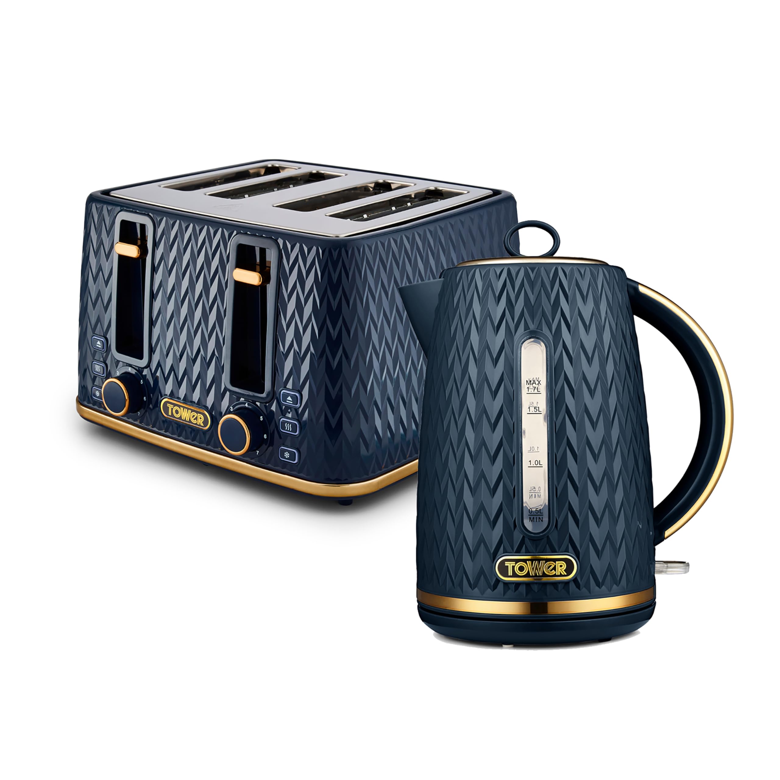 Tower Empire Kitchen Set, 1.7L Rapid Boil Kettle and 4 Slice Toaster, Midnight Blue with Brass Accents, T10052MNB & T20061MNB
