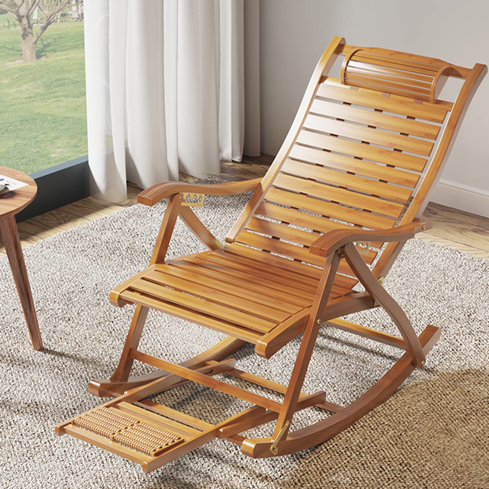Klappbarer Bambus-Liegestuhl, Outdoor-Sonnenliege, Relax-Schaukelstuhl mit  5-Fach Verstellbarer Rckenlehne, Dehnbare Fusttze, Lounge-Sessel fr ...
