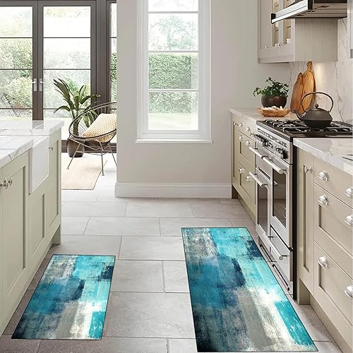 Vista 300 de TOMWISH - Tapetes de cocina para piso, color turquesa, gris, abstracto, pintura artística, 17 x 48 + 17 x 24 pulgadas, juego de alfombras de cocina