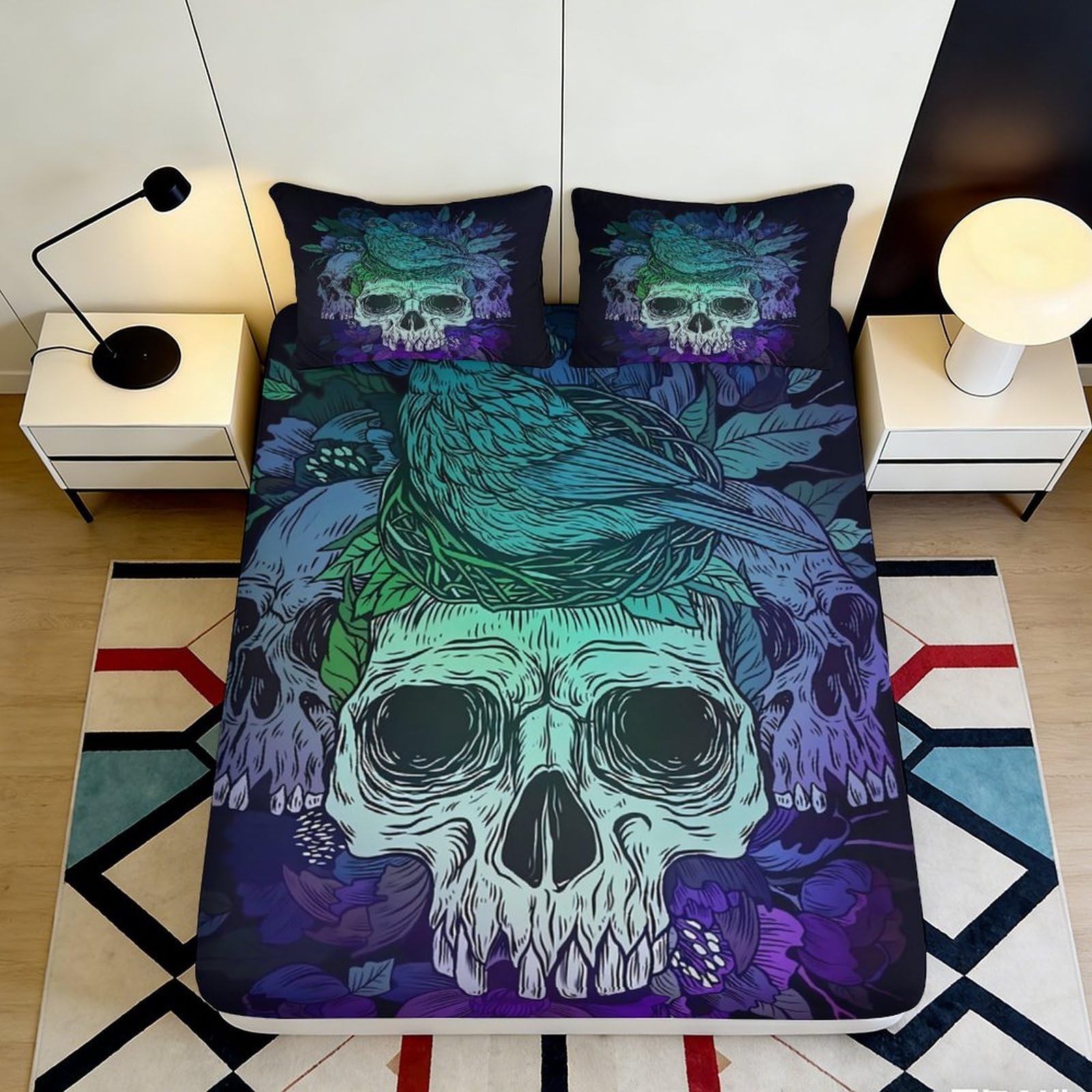 3D Printed Skull Raven Fitted Sheet Microfiber Soft Breathable Gothic Floral Mattress Cover for Bedroom Dorm Decor 120x200x25cm