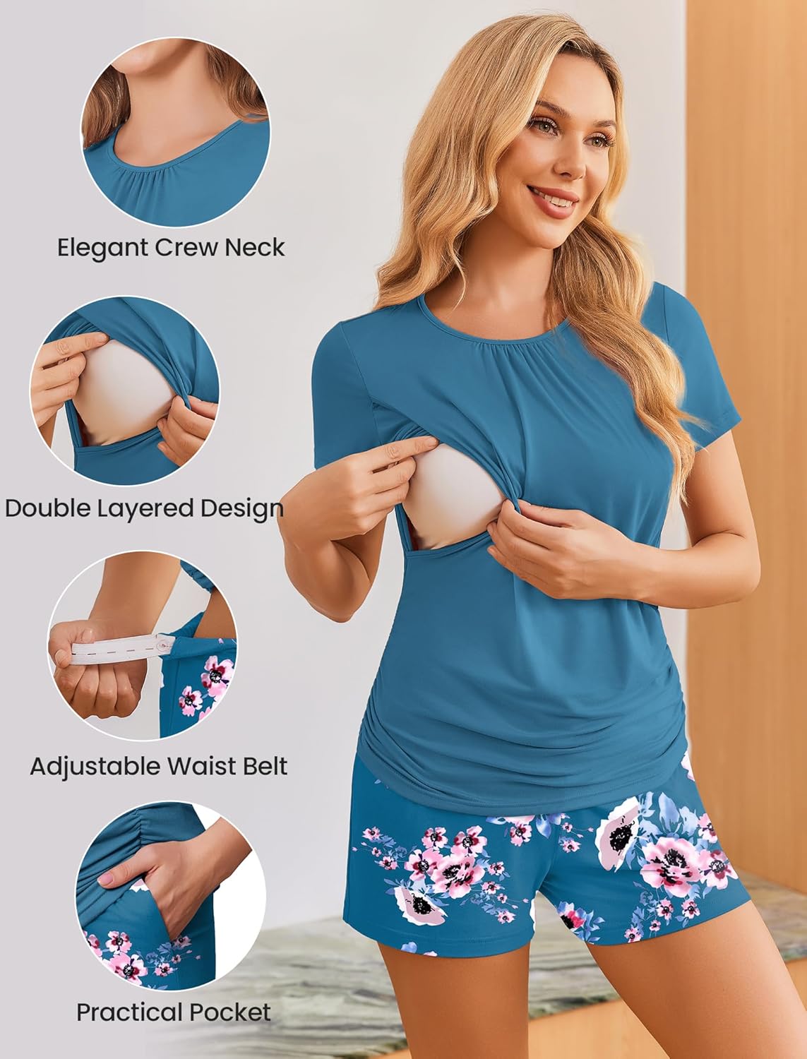 Ekouaer Maternity Nursing Pajamas Set 3 Piece Postpartum Lounge Breastfeeding Pjs Pregnancy Shorts & Pants S-XXL - Image 3