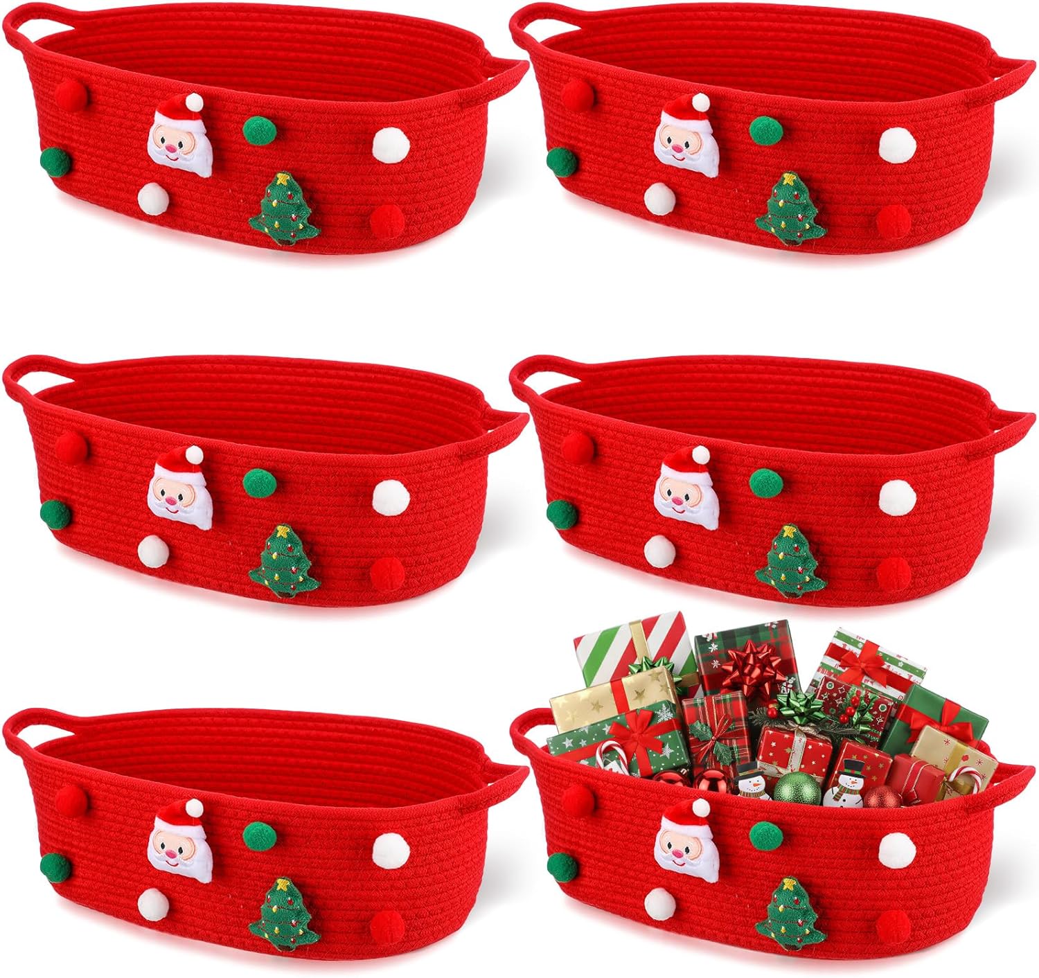 3 Pack Christmas Gift Basket Empty 15 x 9.9 x 5.1 Inch Santa Red Christmas Storage Bin with Handles, Woven Cotton Rope Basket for Gifts Holiday Treats Party Supplies, Home Xmas Decorations