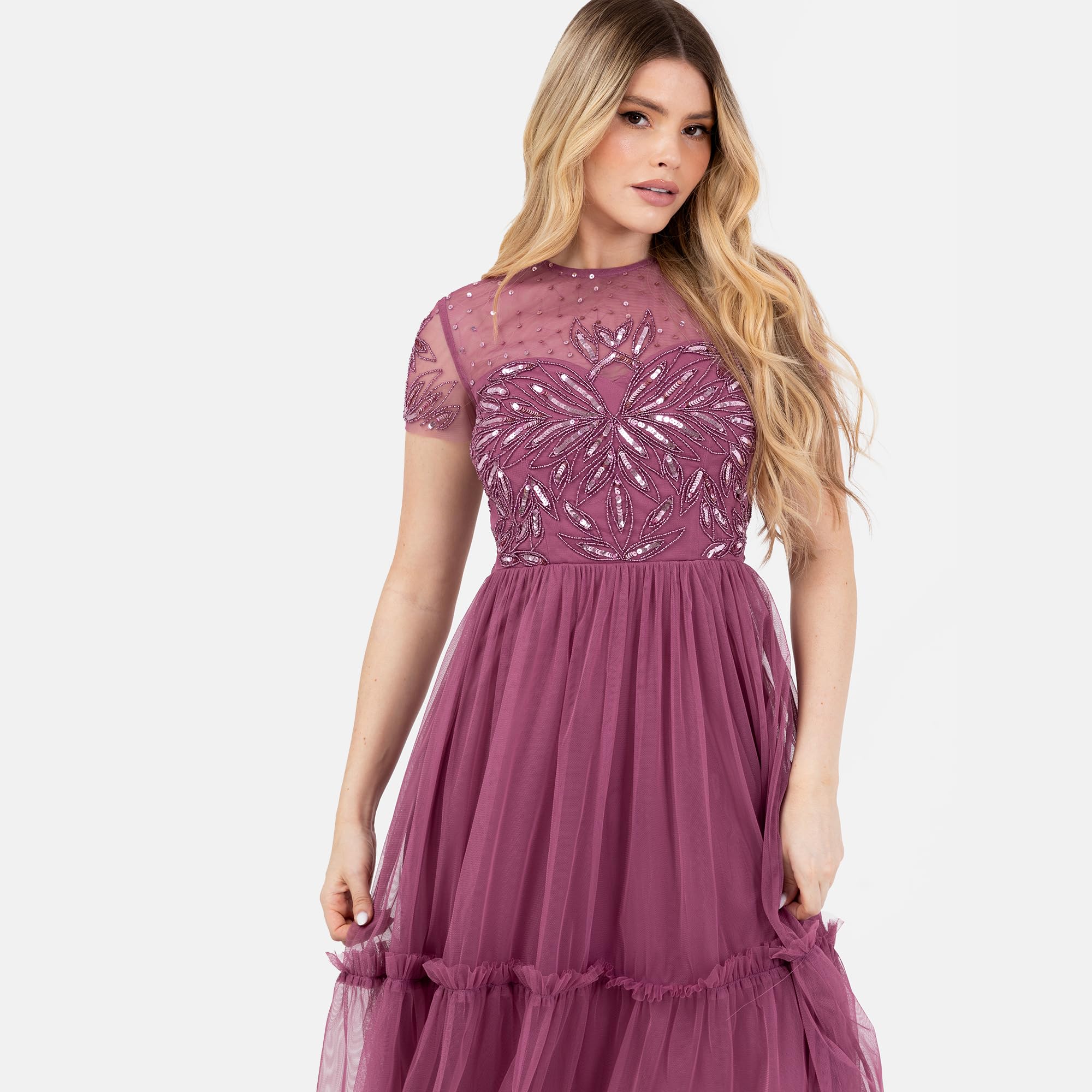 Maya Deluxe Damska sukienka damska z okrągłym dekoltem, z krótkim rękawem, haftowana, tiulowa, ruffle, linia A, rose, 44