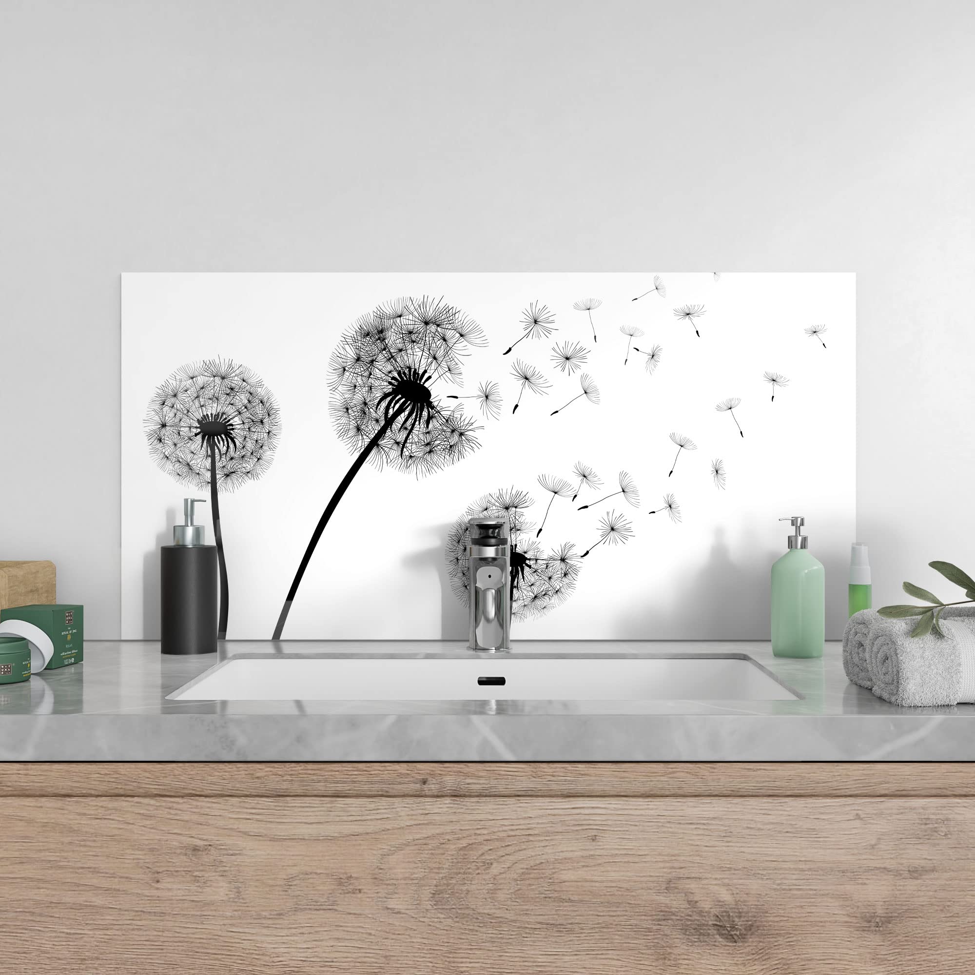 Crédence Cuisine En Verre Motif Pissenlit Noir - 60x60 Cm - Protection Anti-Éclaboussures Pour Cuisine Ou Salle De Bain