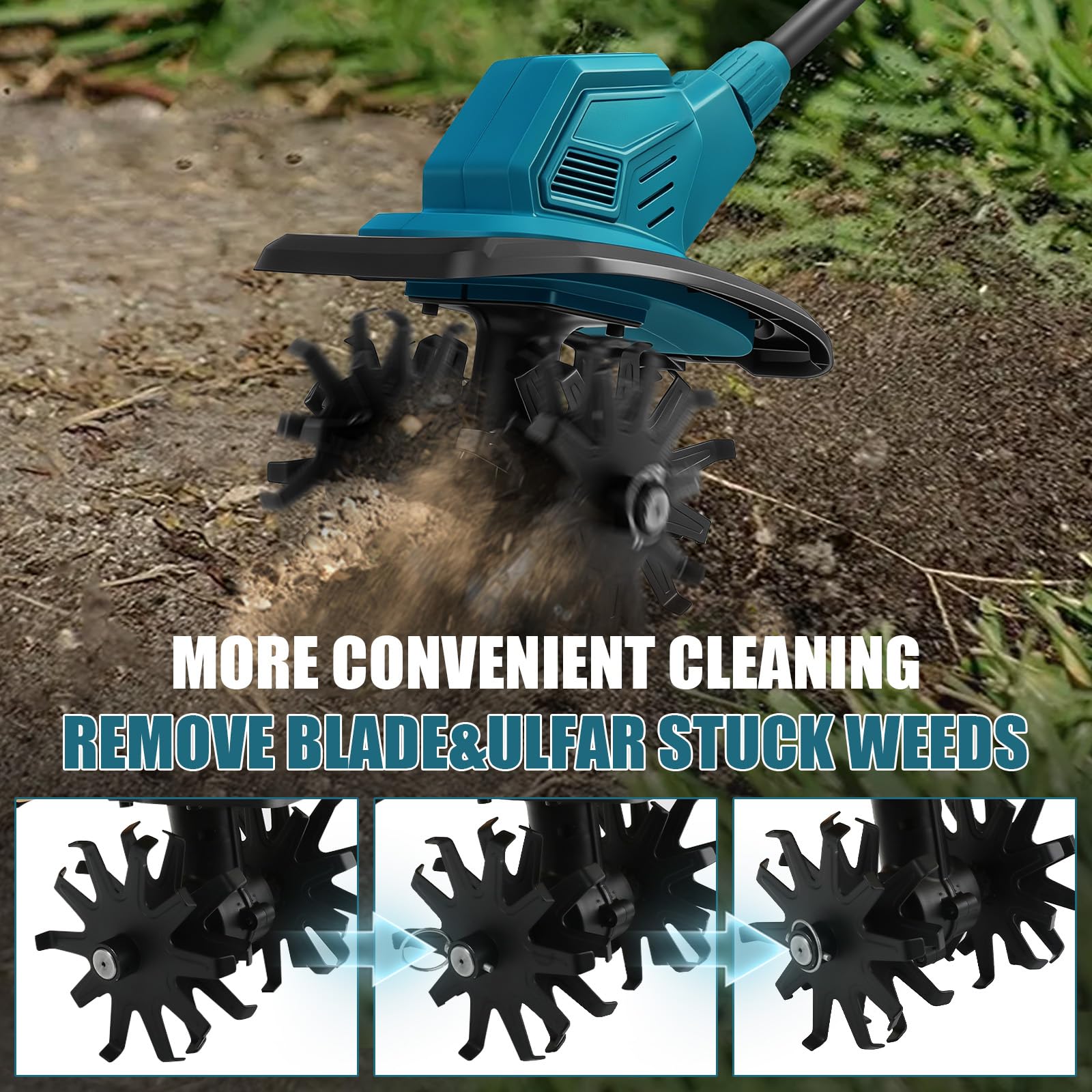 Motoazada para huerto, azada eléctrica, para Makita 18V batería | profundidad de trabajo de 18 cm, Ancho de Trabajo de 20 cm, Velocidad de 387 RPM, Mango ergonómico, para Cultivo de jardín