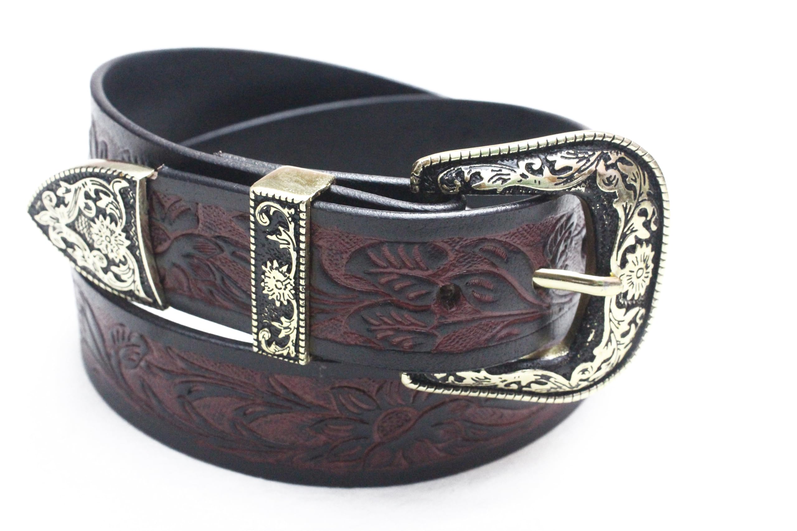 Pelt Leather Hand made Carving Genuine Leather Red Black Belt. Golden Cowboy Buckle