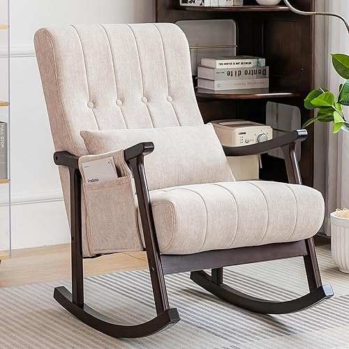 COCO DESIGN Mecedora para interiores, silla mecedora tapizada para sala de estar, mecedora moderna con almohada y bolsillo lateral, respaldo alto