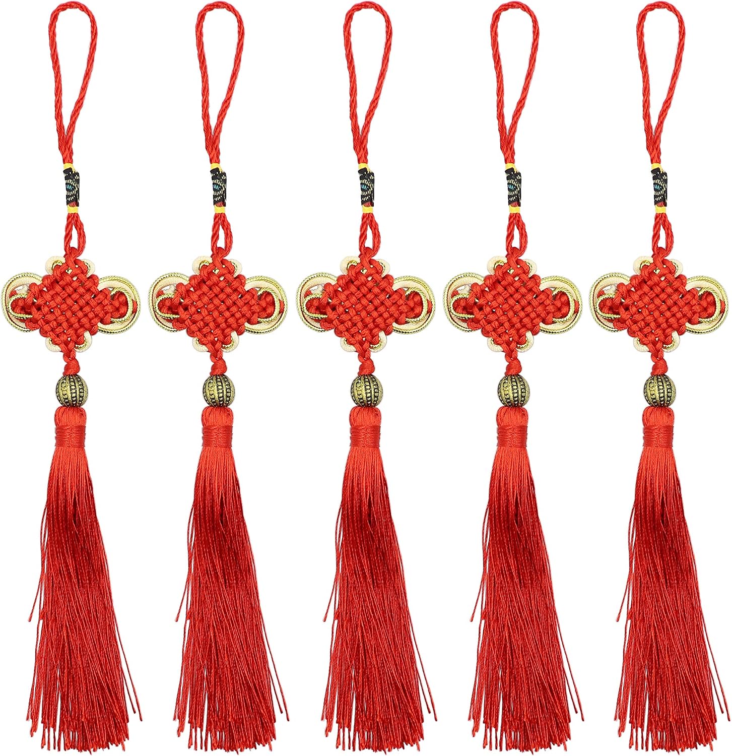 LBY Chinese Tassel Chinese Knot, Red Handmade Tassels Chinese Knots Band Beads, Lucky Knots to Attract Wealth Good Fortune and Health, for Door and Car Handing Decoration,5pcs