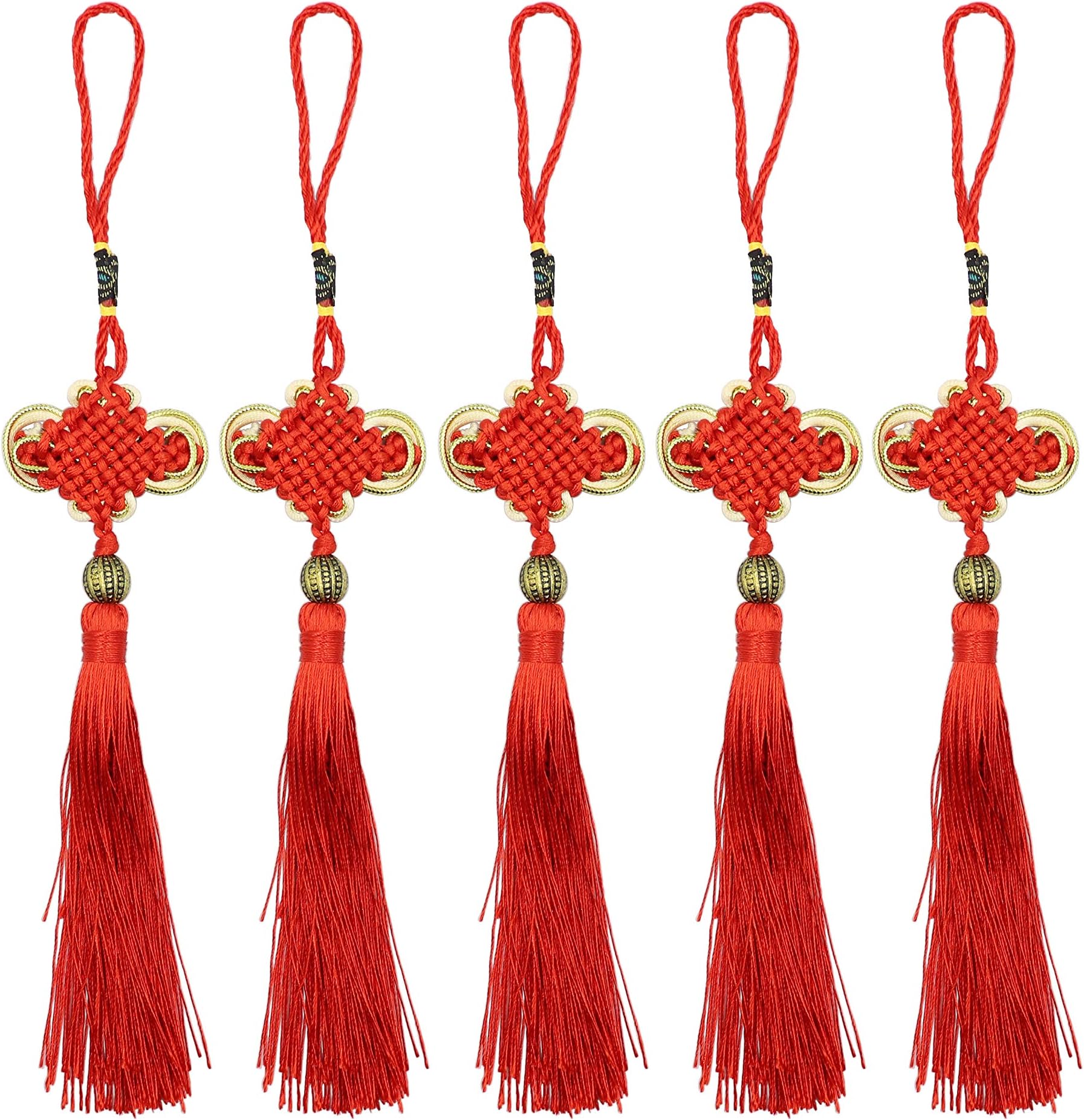 LBY Chinese Tassel Chinese Knot, Red Handmade Tassels Chinese Knots Band Beads, Lucky Knots to Attract Wealth Good Fortune and Health, for Door and Car Handing Decoration,5pcs