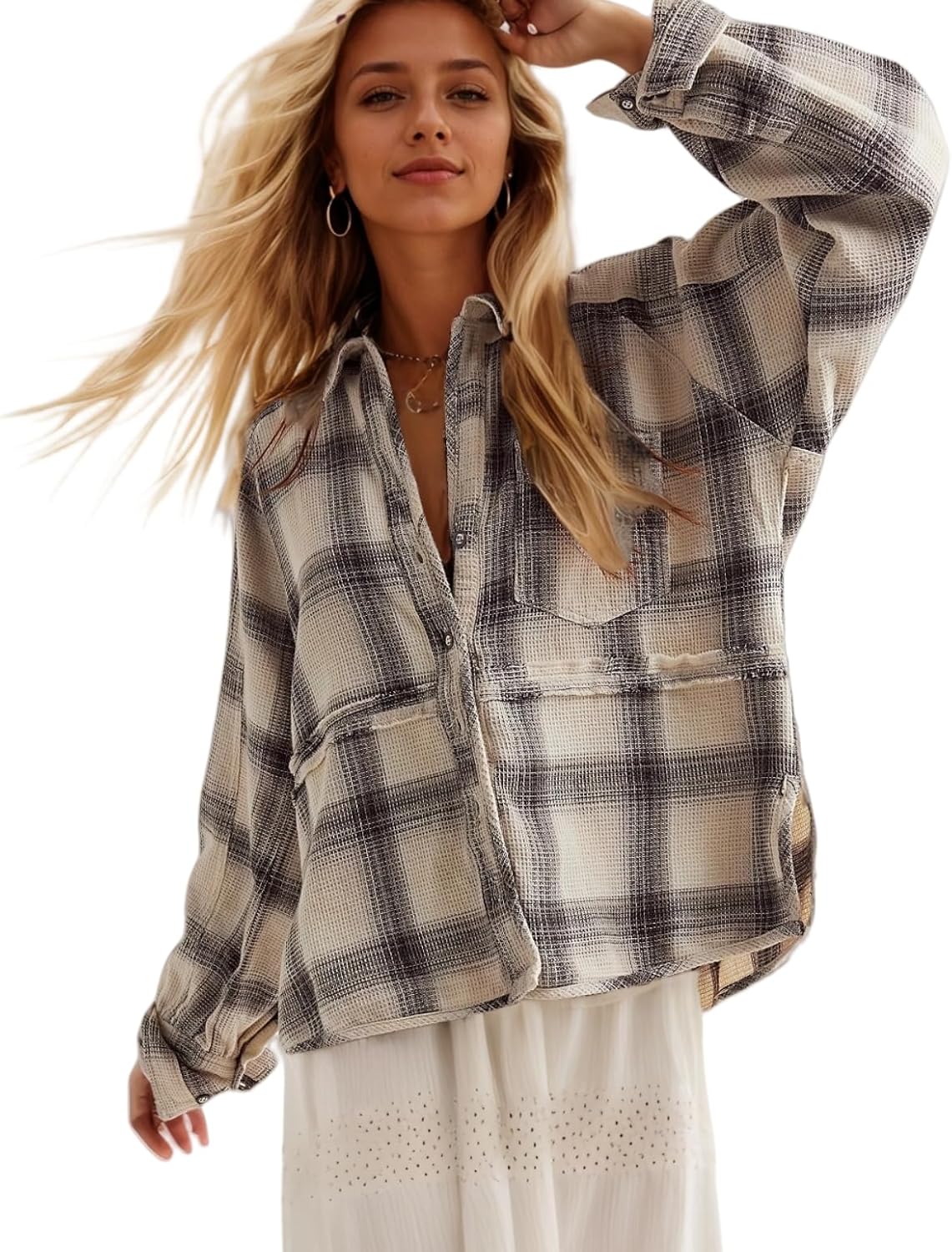 Womens Waffle Knit Plaid Shacket Boyfriend Button Down Shirt Jacket Loose Long Sleeve Tops
