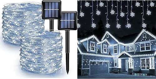 Dazzle Bright 360 luces LED de carámbanos de copo de nieve 2 unidades de 394 pies 120 luces LED alimentadas por energía solar
