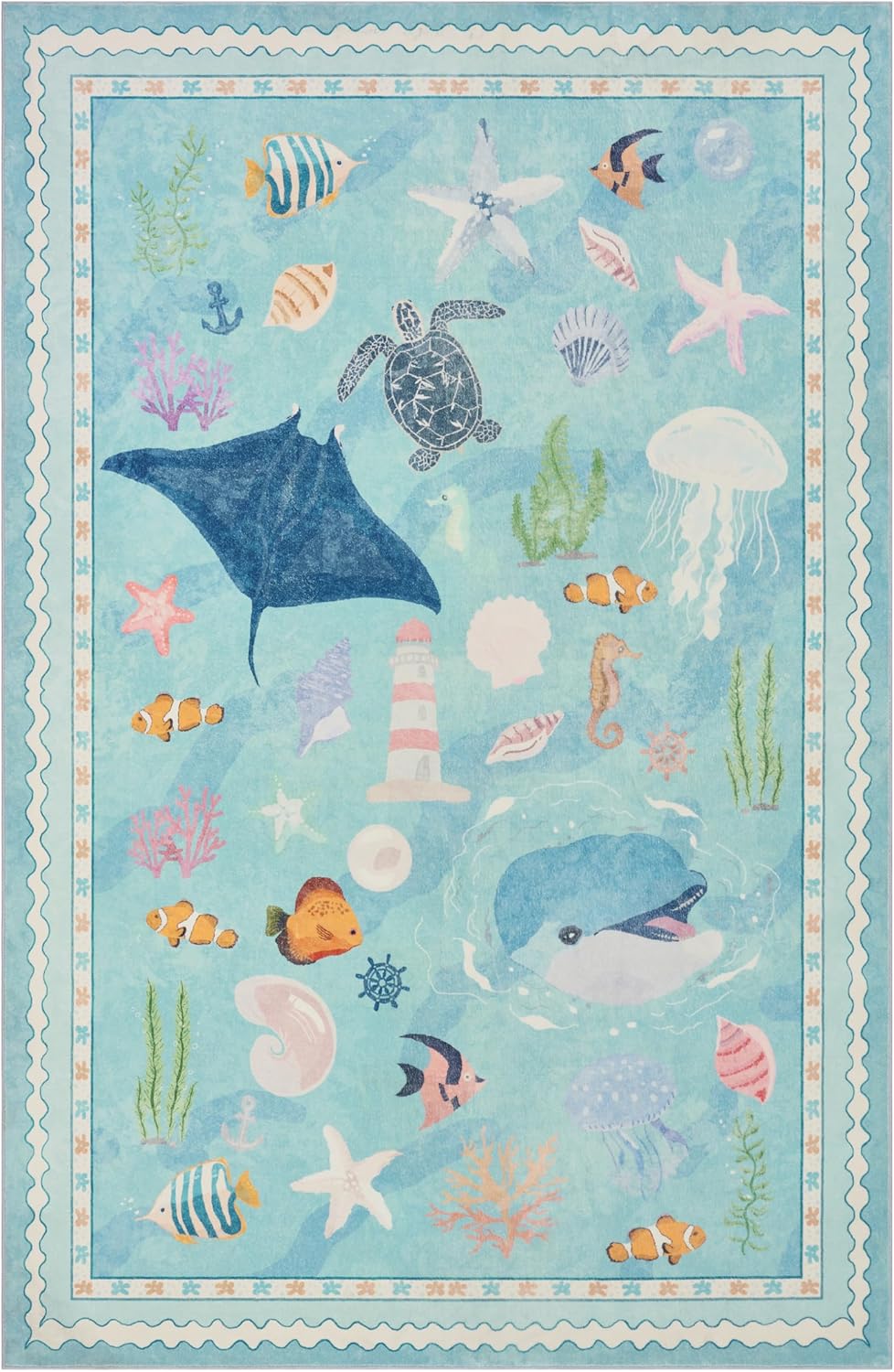 Tropical Ocean Soft Washable Faux Wool Stain Resistant Runner Rubber Non-Slip Backing for Playroom Bathroom Living Room Bedroom Bedside Beachy Cute Coastal Nautical Nursery Rug (Sky Blue, 6' x 9')
