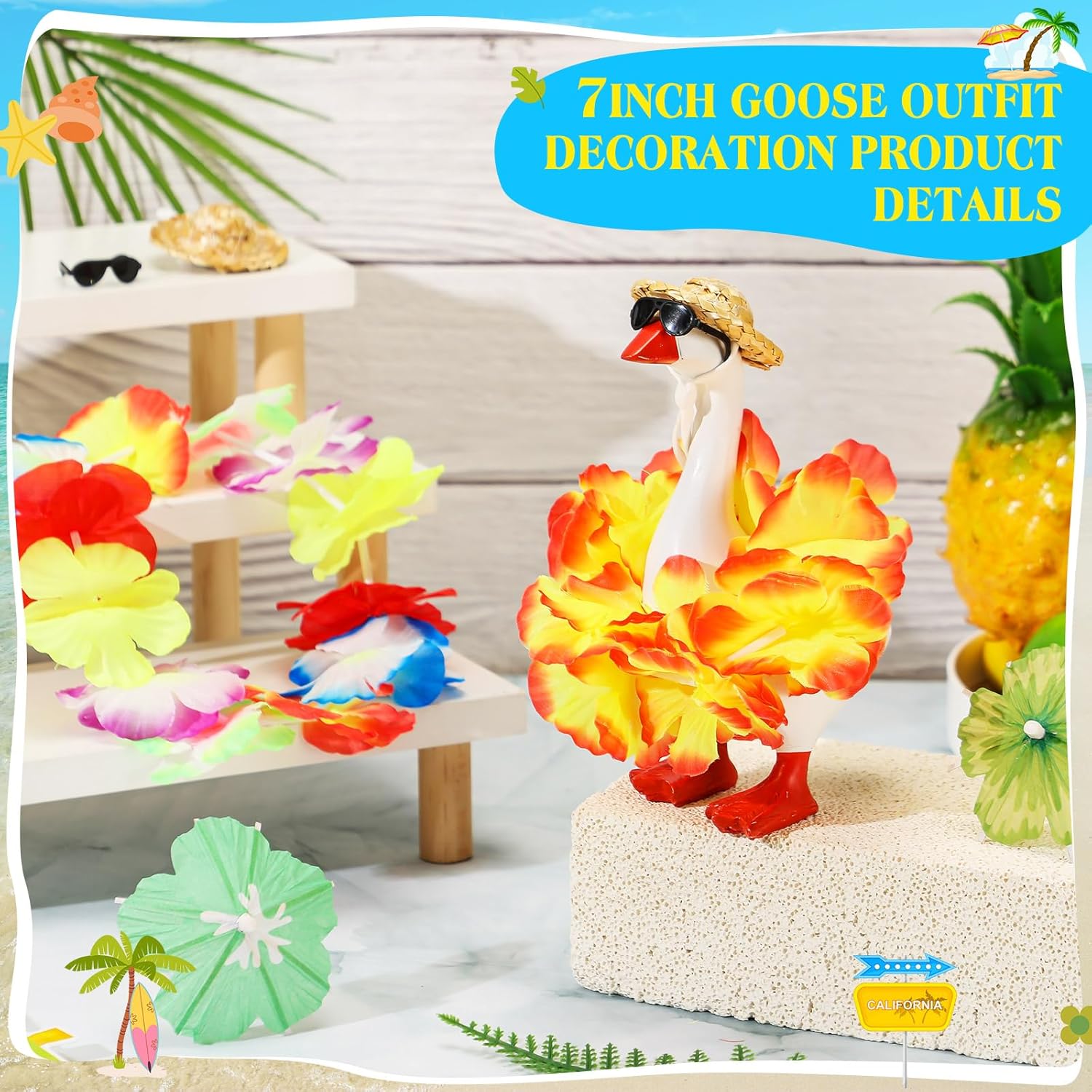 2 Sets Summer Mini Desk Goose Outfits, Magnetic 7 Inch Goose Statue Keychain Hawaiian Clothes Straw Hat and Hawaiian Lei Costume for Summer Party Table Desk Key Holder Decor
