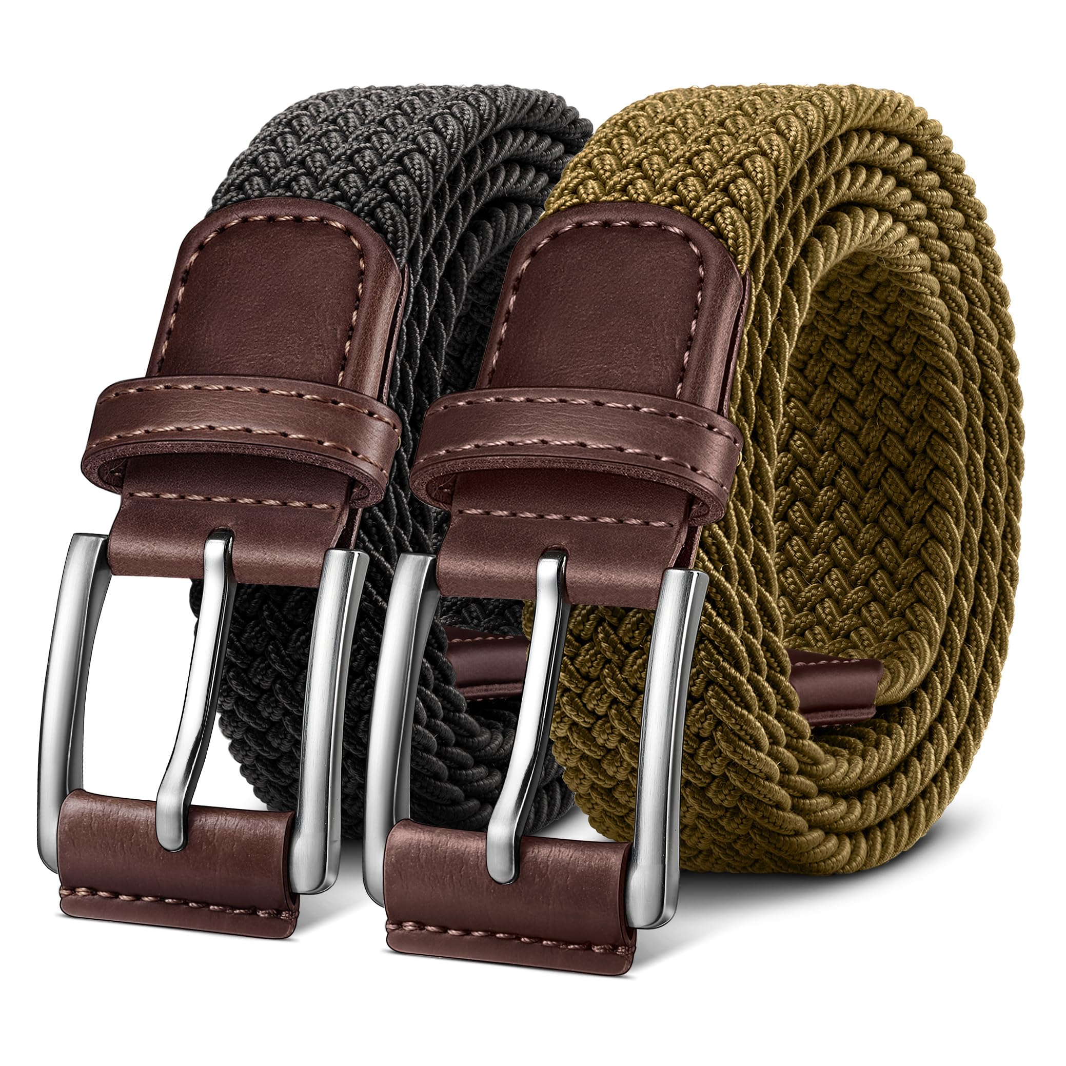 BULLIANT Woven Braided Stretch Web Belt 2Pack for Men 1 3/8"-Gift Boxed