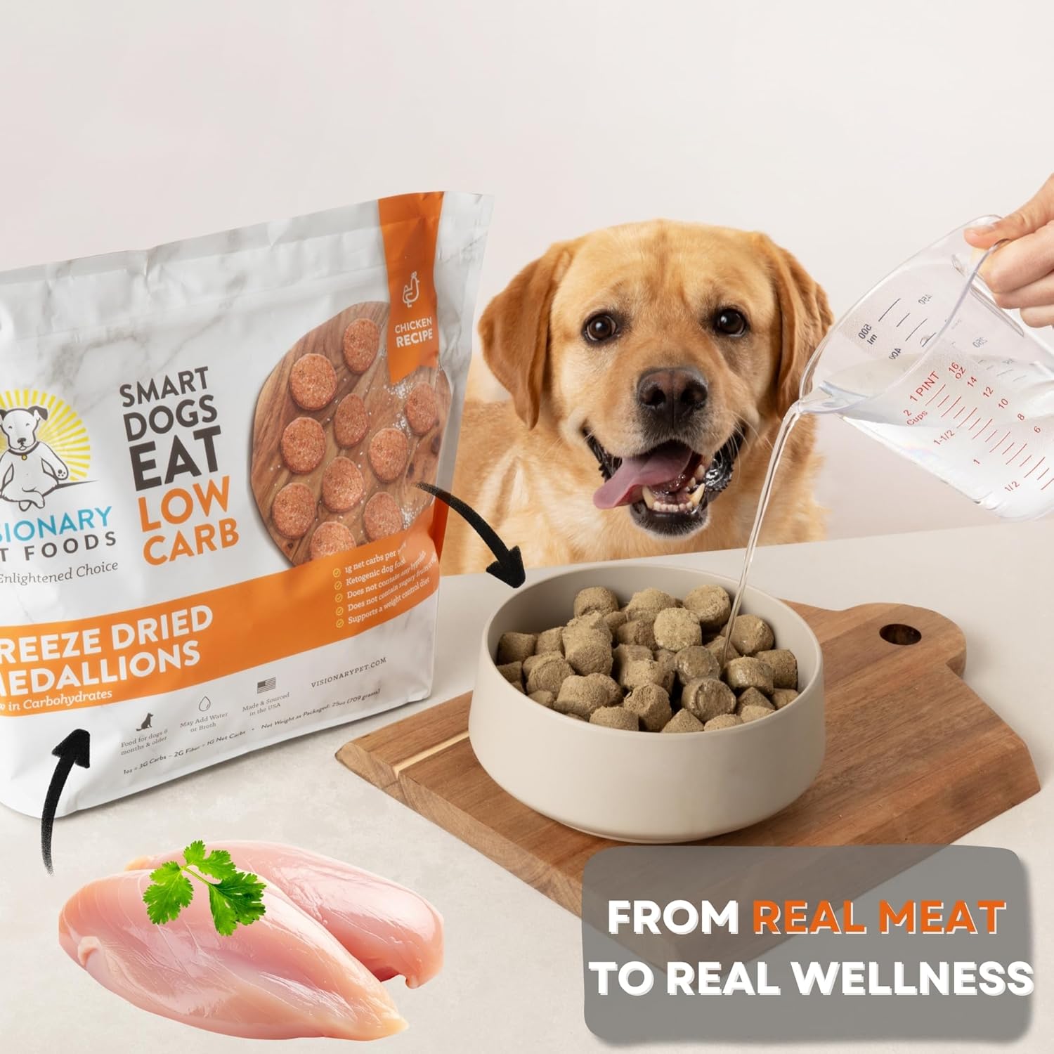 Visionary Pet Foods Freeze Dried Raw Dog Food, Topper & Meal Mixer – Real Chicken | KetoPet Research Formula | Less Than 1g Net Carbs | Ketogenic | Grain Free High Protein | Made in USA | 25oz
