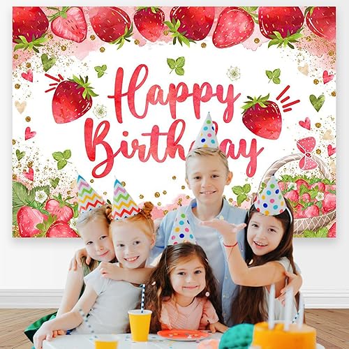 Miniatura 3 de Mocsicka Telón de fondo de cumpleaños de fresa para decoración de fiesta de cumpleaños de niña de fresa, fondo de fotografía de cumpleaños de dulce