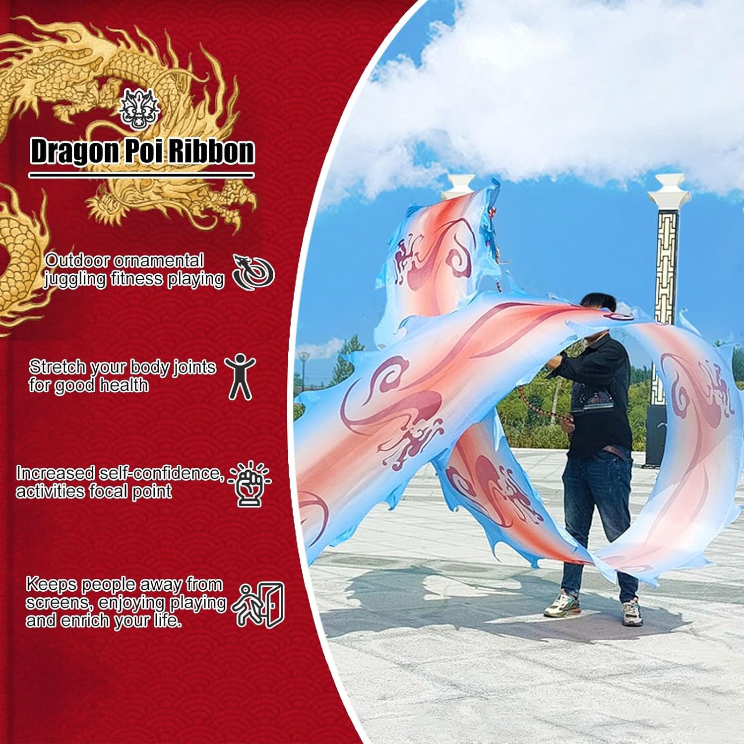 TFG - Ttfd Powder Blue Dancing Dragon Flag,Outdoor Sports Fitness Set,Square Sports Dance Silk Rope Juggling(8 m (26 ft))