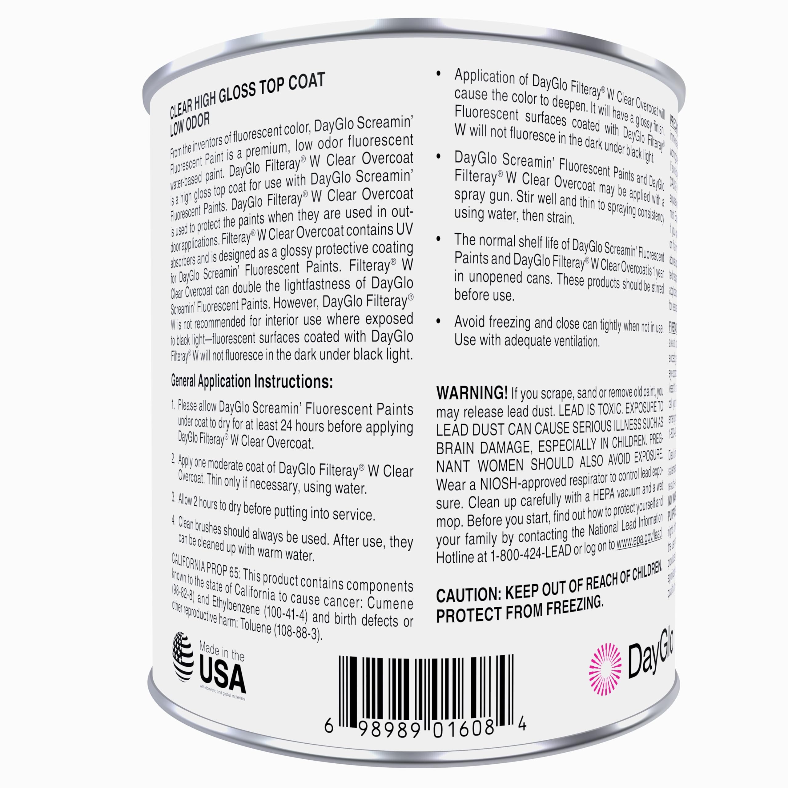 DayGlo Fluorescent Water-Based SRX Series Brushing Latex Paint, high visibility for interiors, arts and crafts, safety applications (Quart, Filteray, SRX-08A)