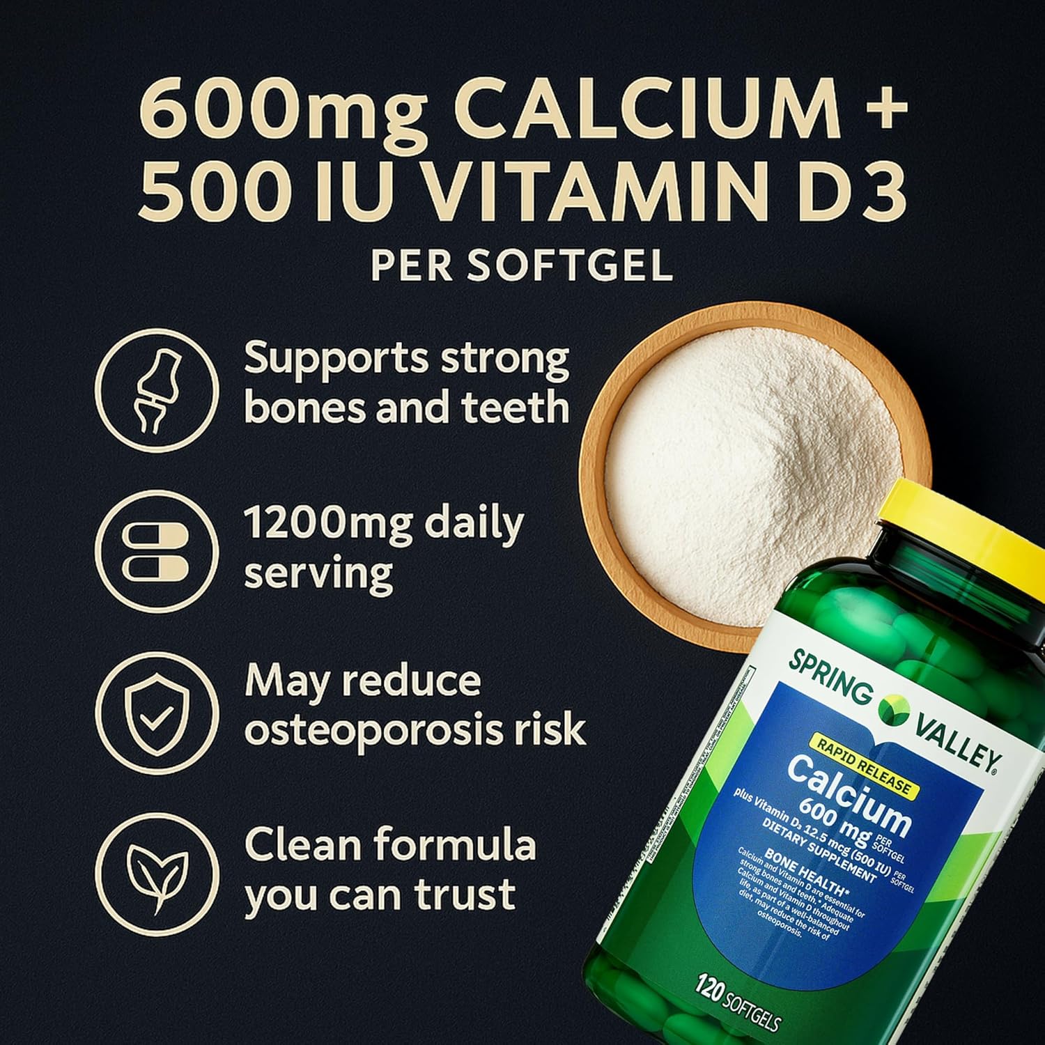 Spring Valley Calcium 600 mg + Vitamin D3, 120 Softgels, Bone Health, Strong Teeth & Osteoporosis Support, Rapid-Release Capsules, Gluten-Free Supplement Bundle with Luall's 45 Diabetes Decoded