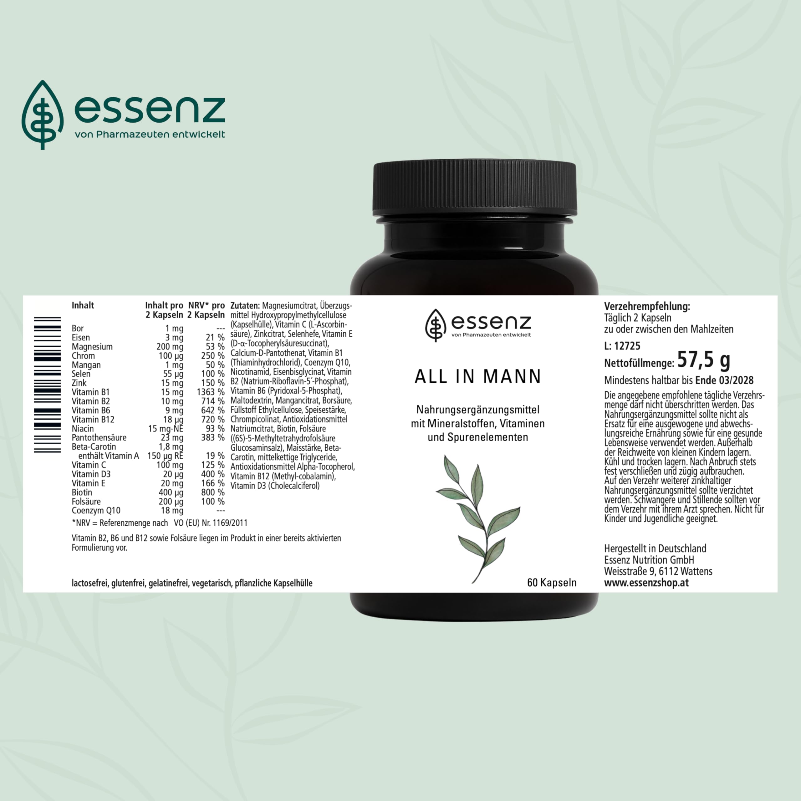 ESSENZ – All In Mann 4 x 60 Kapseln – Multinährstoff-Komplex + Vitamine, Mineralstoffe & Spurenelemente. Mit Zink zur Erhaltung eines normalen Testosteronspiegels + Vitamin C & D für das Immunsystem