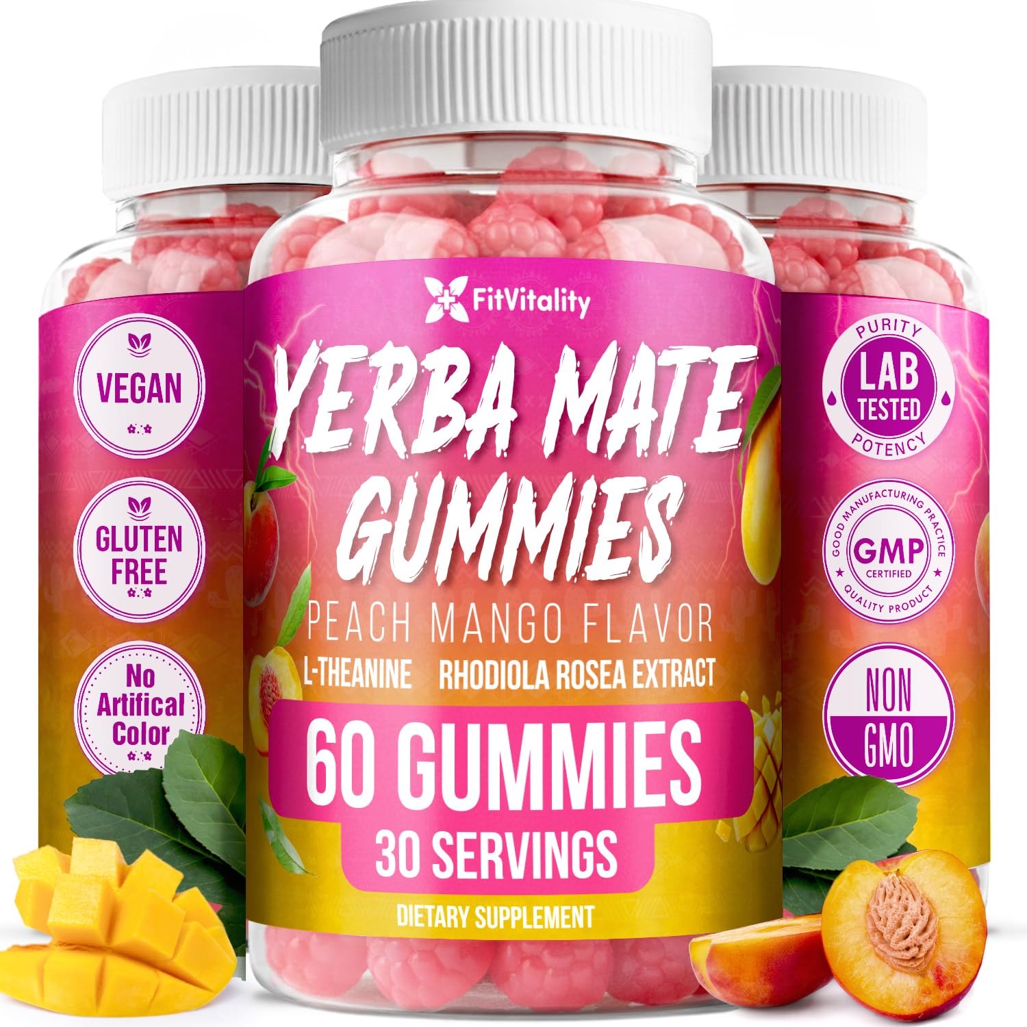 60 Yerba Mate Gummies - W/ L-Theanine, Rhodiola, Ginseng, Choline, B12. Yerba Mate Gummies 60 Count (Pack of 1)