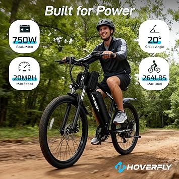 Hoverfly Electric Bike for Adults, 26/16 Models, 750W/500W Peak Motor, Up to 20/15.5MPH, 48V/36V Removable Battery, Up to 40/28 Miles Range, UL2849 Certified, Electric Bike for Commute/Leisure/Trail