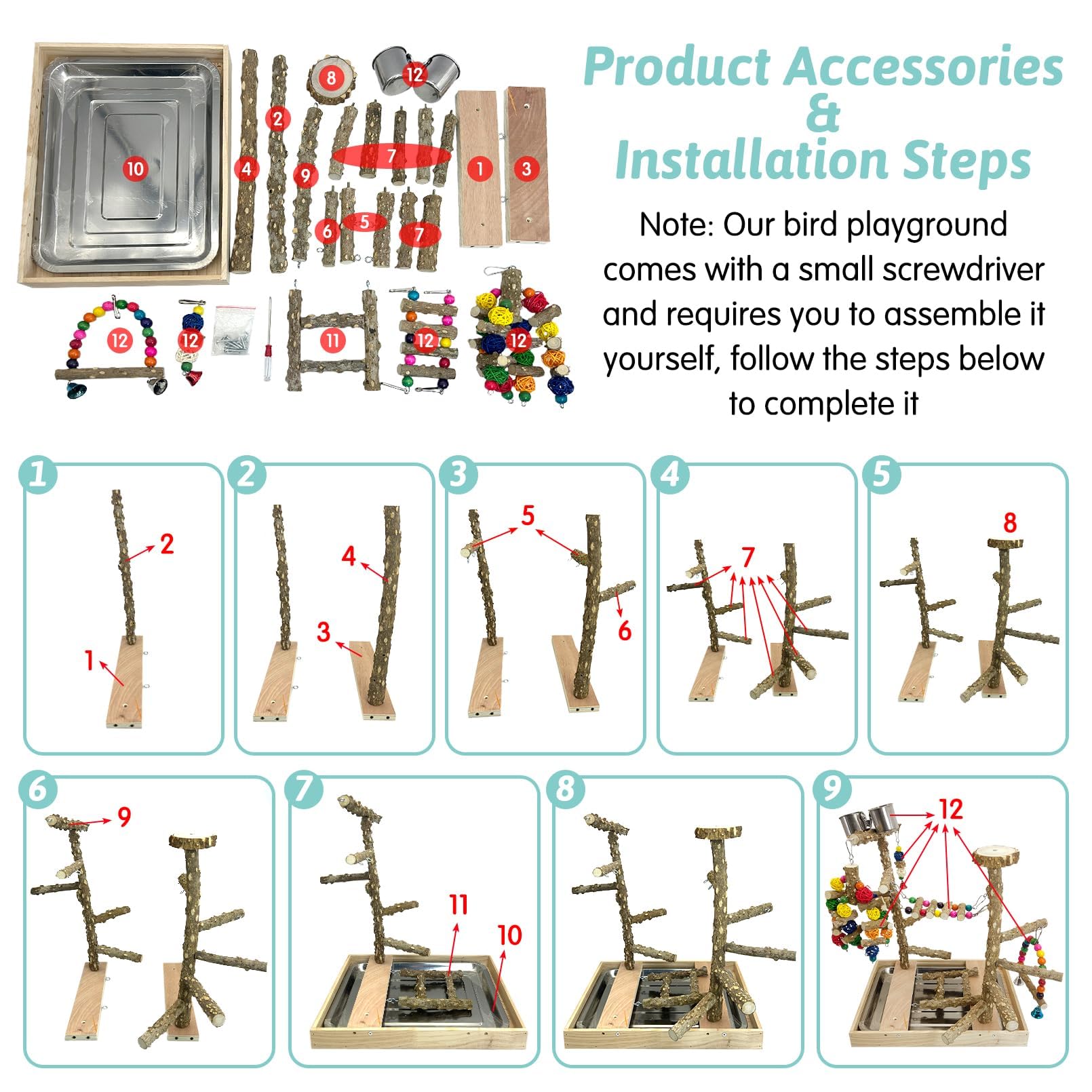 PINVNBY Bird Playground Natural Wood Parrot Perch Stand Bird Play Gym Colorful Ladder Swing Chewing Toys with Metal Tray and 2 Stainless Steel Cups Cage Accessories for Conure Cockatiel Parakeet - image 5