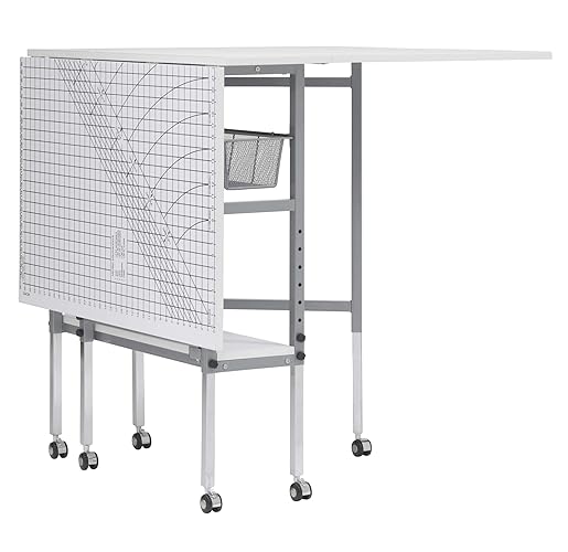 Sew Ready Foldable Hobby and Cutting Grid Table - 58.75" W x 36.5" D White Arts and Crafts Table with Grid Top and Silver Storage Drawers - Adjustable Height