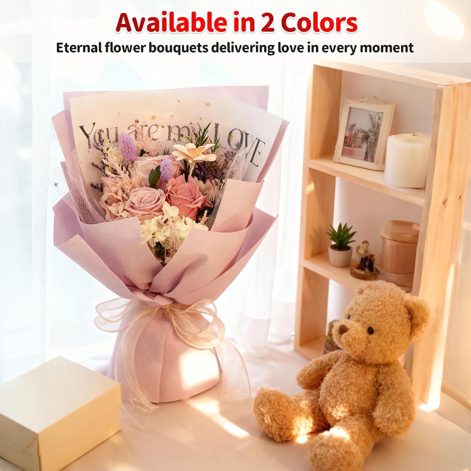 Valentines Day Rose Gifts for Her, Preserved Flowers Bouquets for Delivery Prime, 3 Real Flowers for Delivery that Last 1-3 Years,Birthday Flowers Gifts for Women Wife Friends