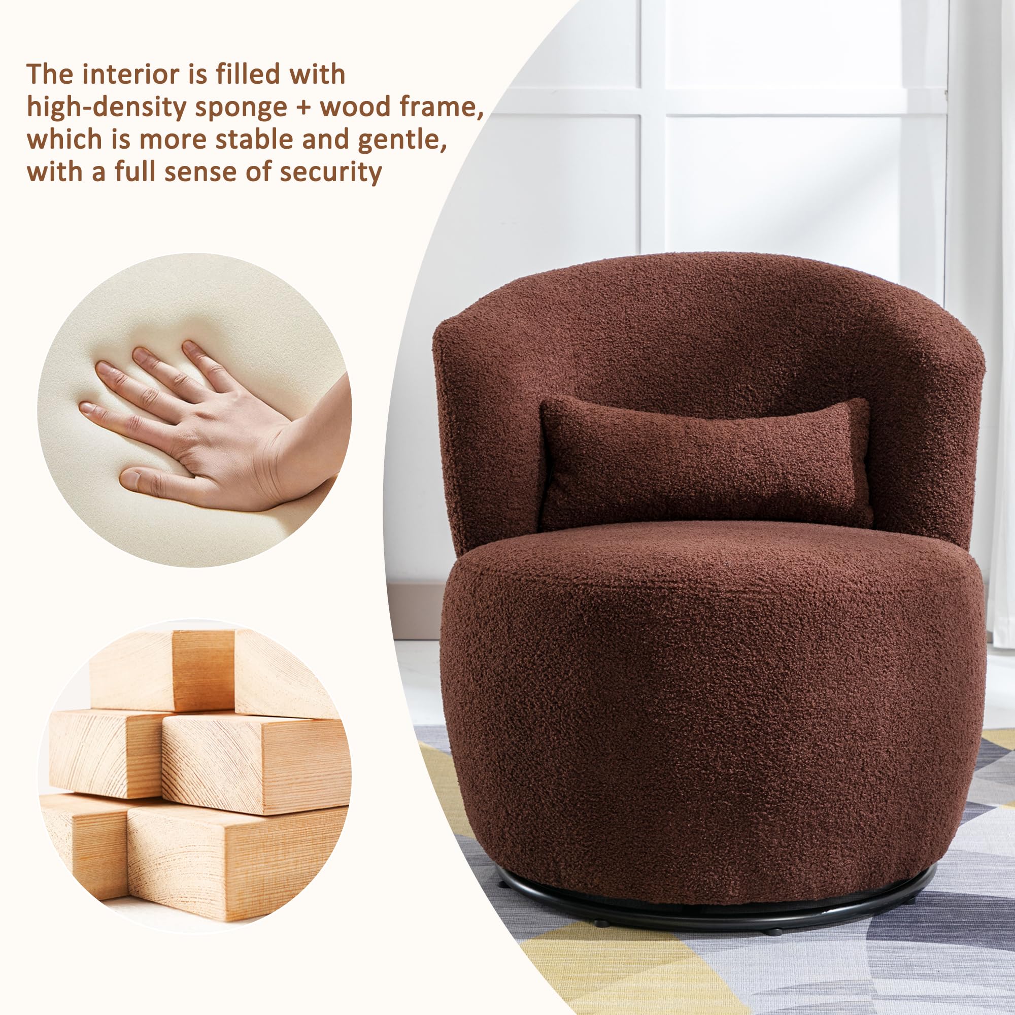 Sillón giratorio moderno con marco de metal de tela de peluche para sala de estar, dormitorio, oficina, color marrón