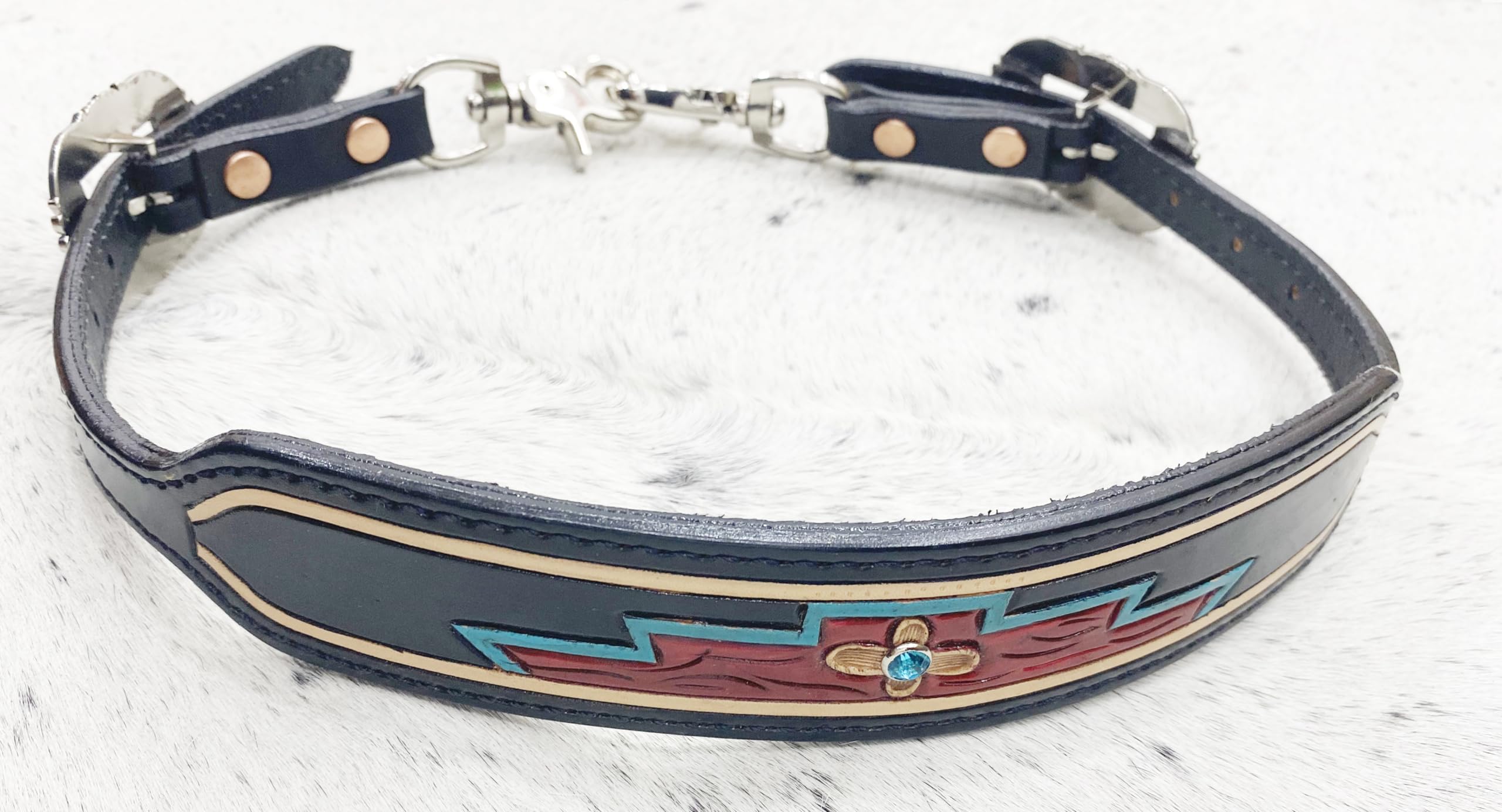 MOUSM Wither Strap for Horse, Leather with Flower Carving and Turquoise Stones, Adjustable 23-30