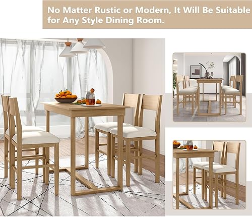 Miniatura 6 de Juego de mesa de comedor rústica para 4 unidades madera maciza juego de mesa de bar de cocina pub de 5 piezas mesa de comedor rectangular de 47