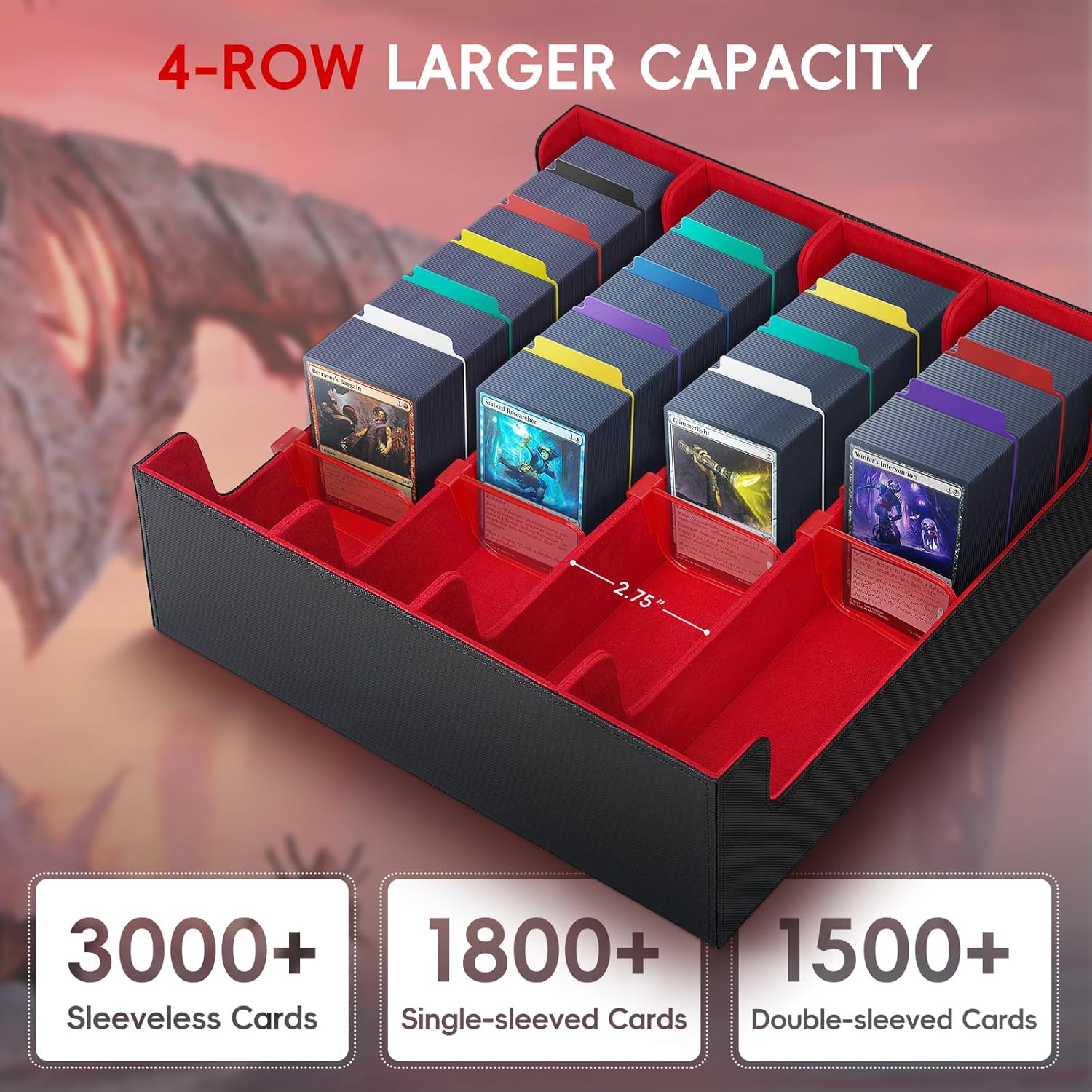 Trading Card Storage Box – Holds 3000+ Cards, PU Leather Commander Deck Box with Magnetic Closure, 24 Dividers & 4 Card Supports, 4-Row Organizer for MTG, PTG, Sports Cards