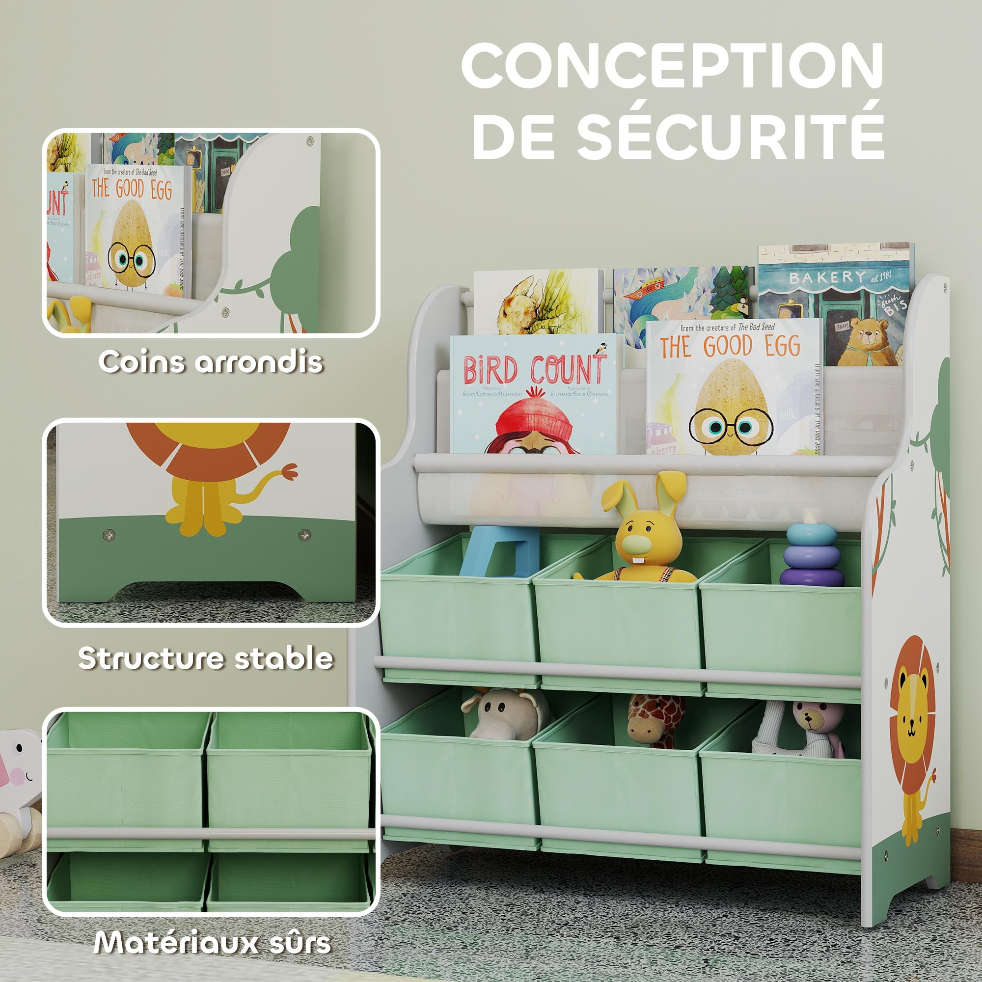 AIYAPLAY Meuble Rangement Enfant, Rangement Jouet Enfant, 6 tiroirs en Tissu et étagère à Deux Niveaux, bibliothèque pour Chambre ou Salle de Jeux, 63x30x71cm, Vert