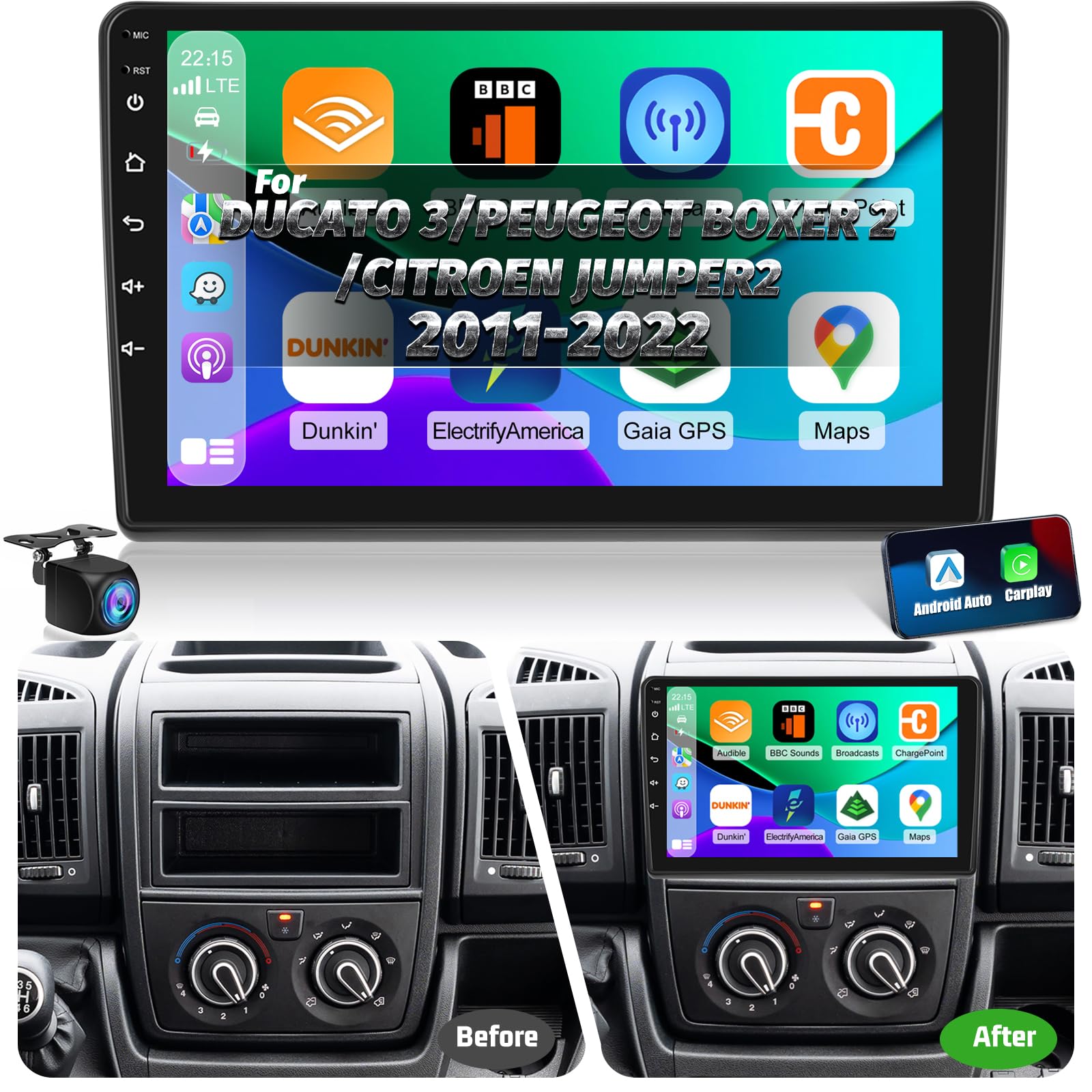NHOPEEW Autoradio 2G+64G pour Ducato 3/Peugeot Boxer 2/Citroen Jumper2 2011-2022 - Carplay et Android Auto sans Fil - Autoradio 9 Pouces avec WiFi, égaliseur, GPS, FM RDS et caméra de recul AHD