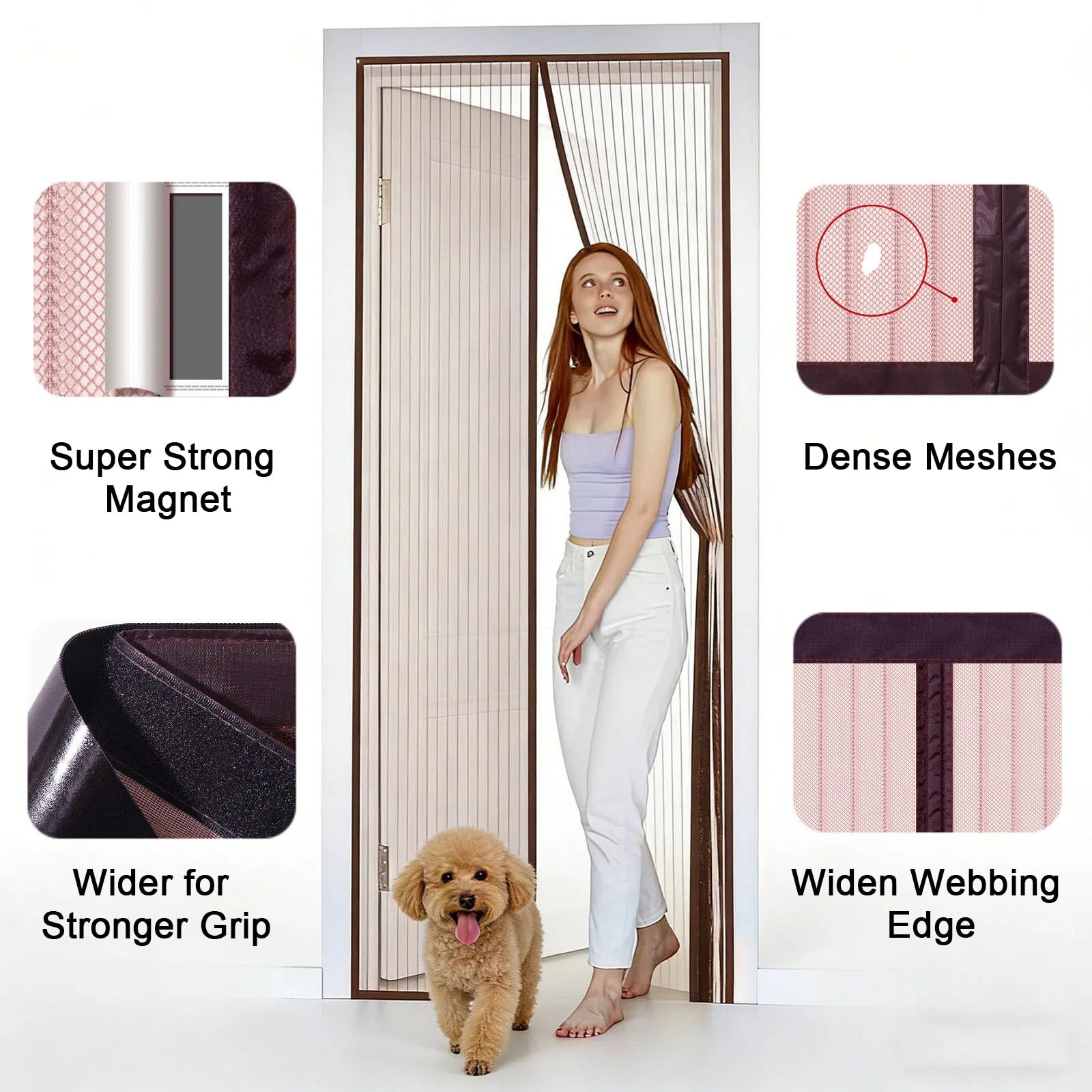Fliegengitter Balkontür Magnet 155 x 260 cm Ohne Bohren Stärkere Magneten Automatisches Schließen Fliegengitter Magnet für Wohnzimmer Schiebetür, Braun