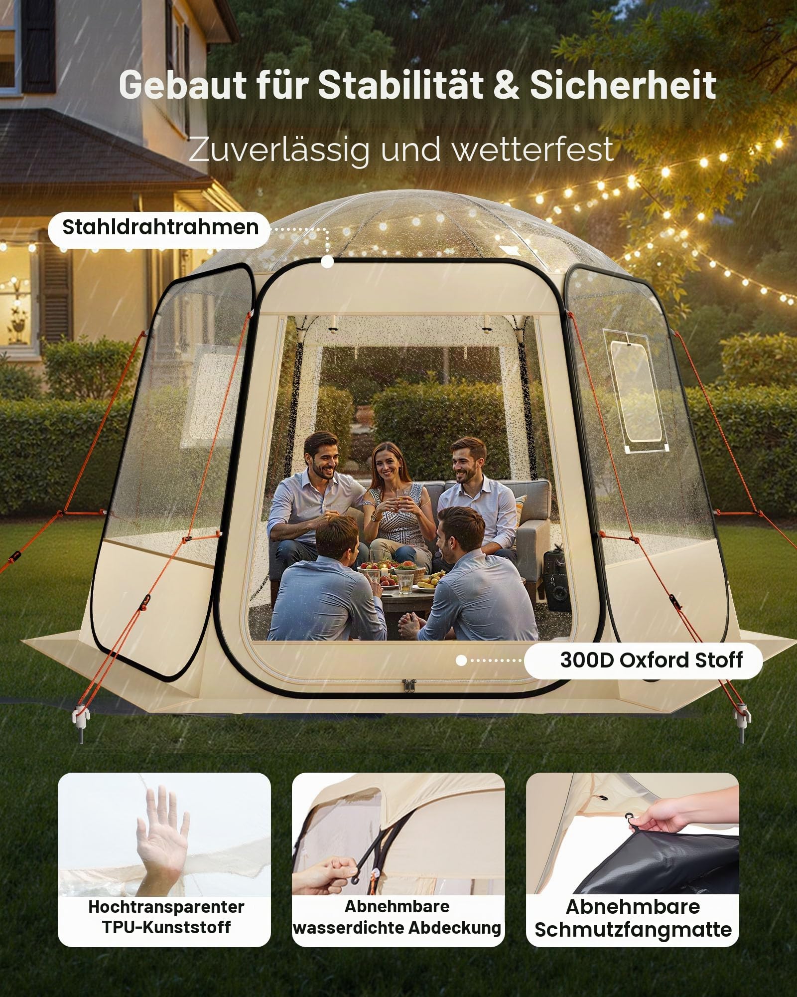 VEVOR Pop-up-Bubble-Zelt, 305 x 275 x 220 cm, transparentes Campingzelt, Garten-Kuppel-Iglu-Zelt mit Fenstern, Sportzelt, 540°-Panoramablick, für 4–8 Personen, Terrasse, Hinterhof