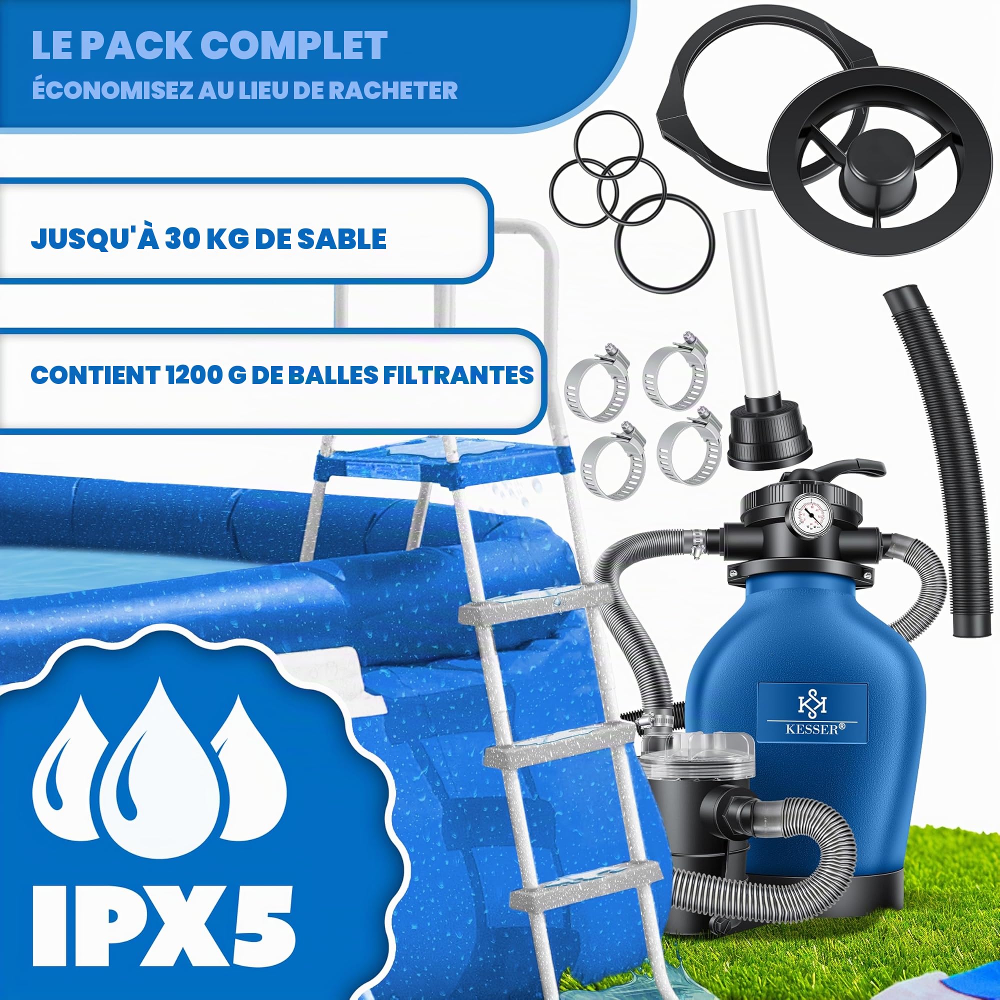 KESSER Filtre à sable avec pompe et balles filtrantes de 1200 g | Filtre de piscine 600 W | Filtre à sable pour piscine 13200 l/h | Volume du réservoir jusqu'à 30 kg de sable | Valve 7 voies avec