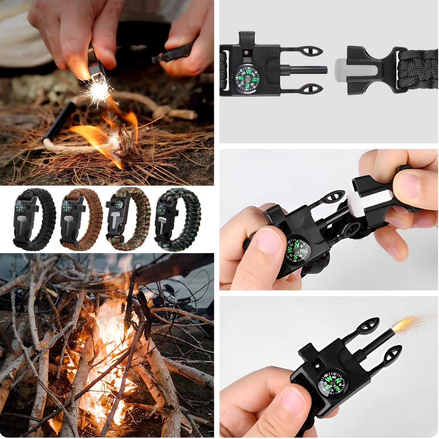 Pulsera de supervivencia de paracord 2 piezas, 5 en 1, cuerda de 3,5 m, piedra de fuego, brújula, silbato, mini cuchillo, ajustable al aire libre, senderismo, Trek