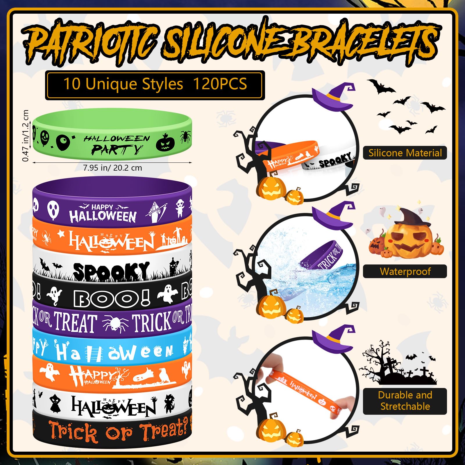 Wettarn 240 Pcs Halloween Party Favors Halloween Slap Bracelets for Kids Rubber Wristbands Bulk Silicone Bracelets Assorted Halloween Party Supplies for Boys Girls Prize Gifts Treat Filler (Halloween)