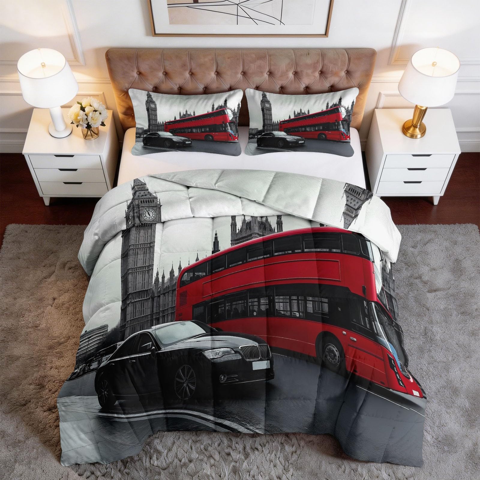 Edredón de autobús de dos pisos para todo el año, 200 x 200 cm, retro, transpirable, para las 4 estaciones, para alérgicos, lavable y suave, con 2 fundas de almohada de 80 x 80 cm
