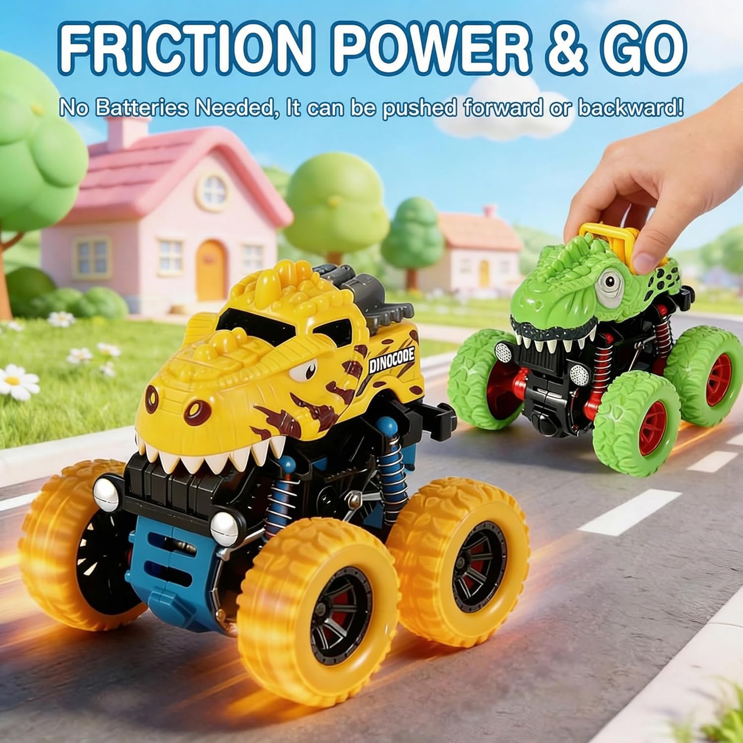 Dinosaur Toys for 2 3 4 5 Year Old Boys - 3 Pack Monster Truck Toys with Friction Power 360° Rotating Push and Go Cars for Toddlers Ages 2-4-6 - Boys Girls Birthday Gifts for Kids 3-5