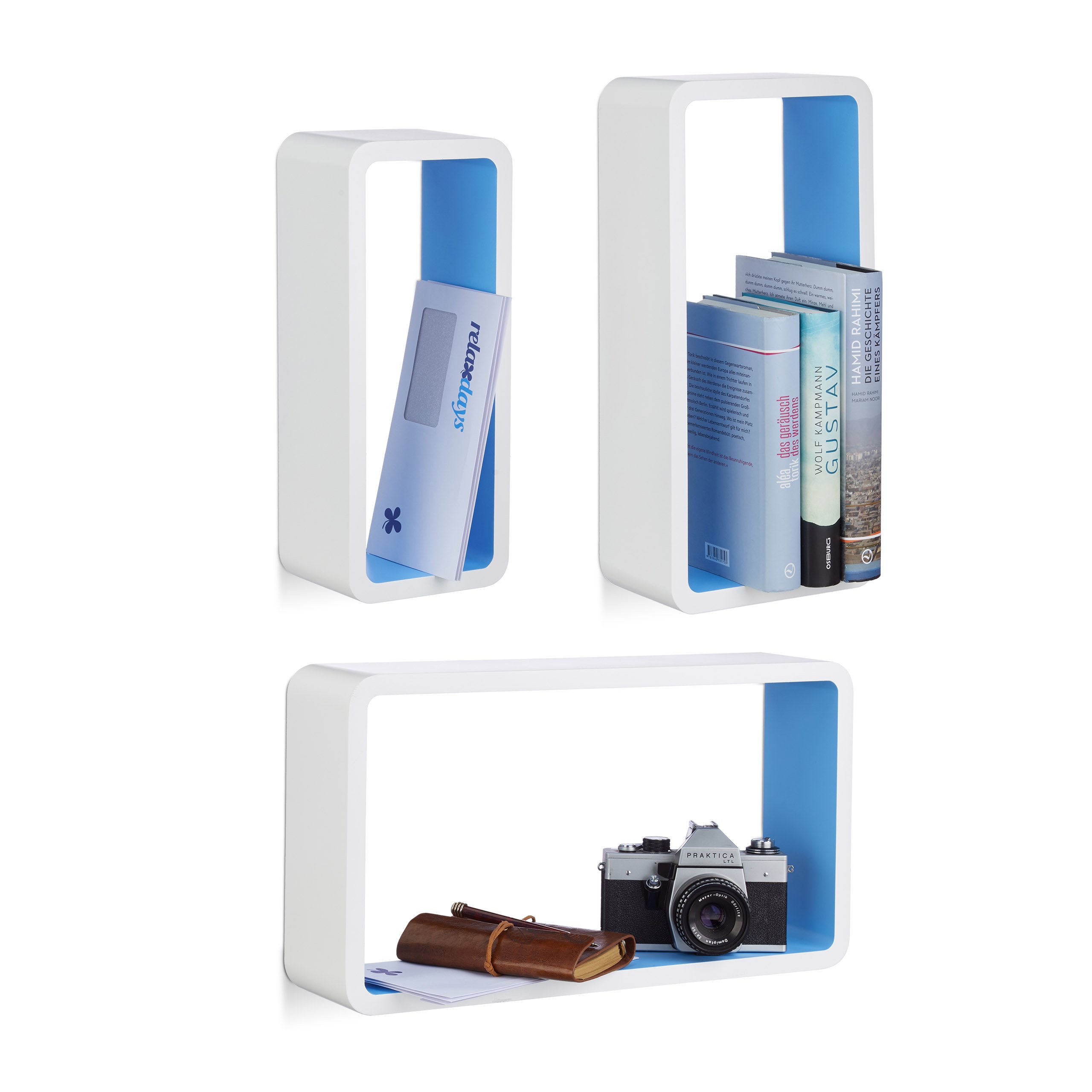 Relaxdays Estantes Pared en Forma de Cubo, Madera, Blanco y Azul, 10x44x24 cm, 3 Unidades