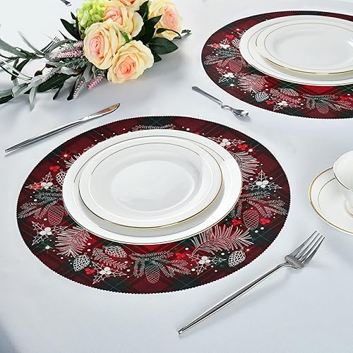 Miniatura 5 de Kcldeci Juego de 6 manteles individuales redondos de Feliz Navidad para mesa de comedor, manteles individuales de Navidad, a cuadros, resistentes al