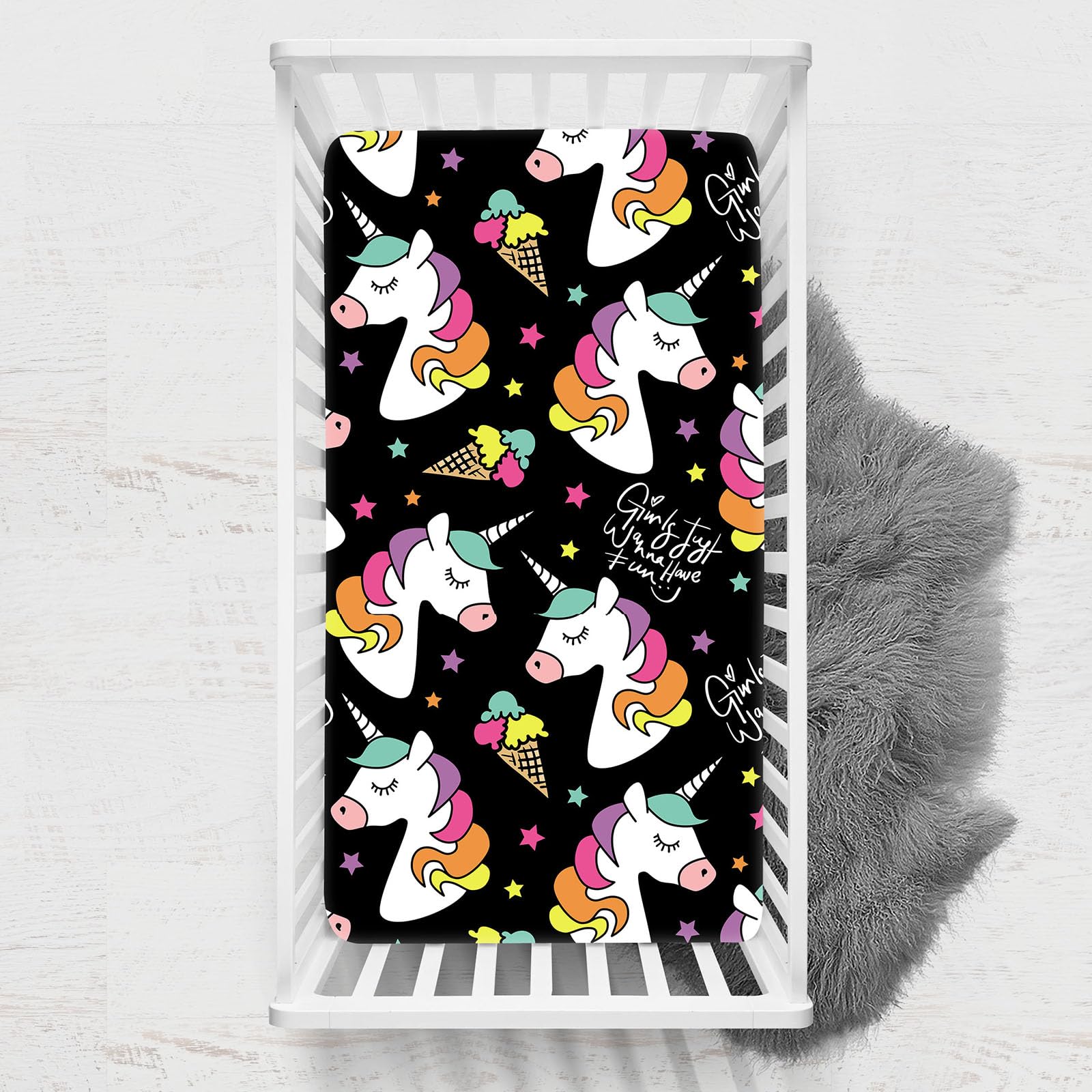 Odot Cot Bed Sheets, Unicorn Print Bedside Cribs Fitted Sheets, Baby Bed Sheets Microfiber Cot Bed Mattress Protector, Bassinet Sheets, Easy Care Soft and Dureable (90x140 cm,Black)