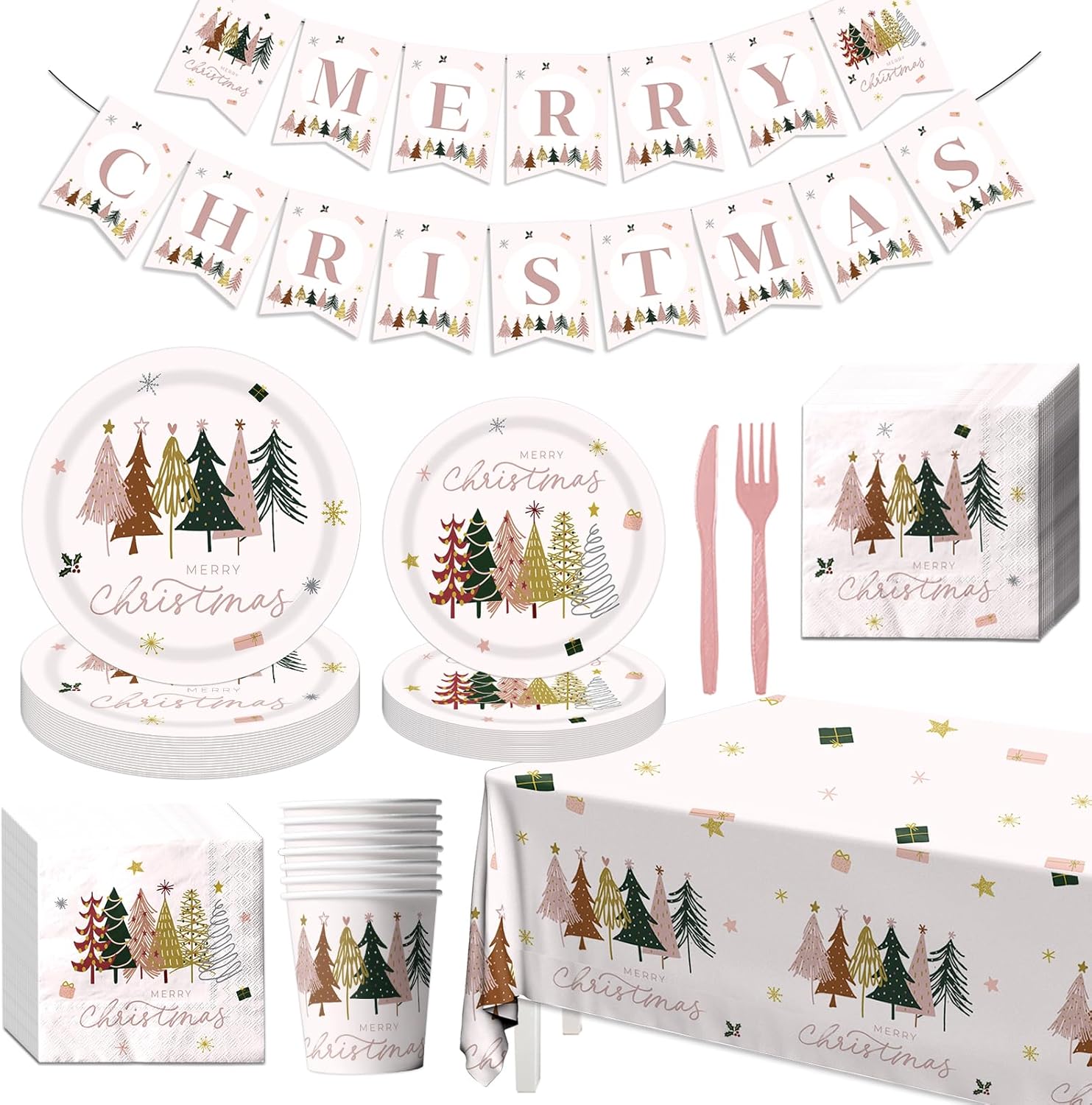 142 Pieces Merry Christmas Party Tableware Set Paper Plates,Napkins,Cups Pink