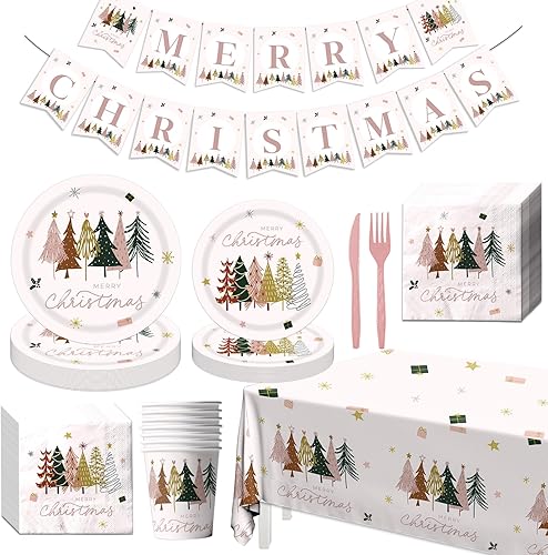 Juego de vajilla de 142 piezas para fiesta de Navidad, platos de papel, servilletas, tazas, suministros de fiesta de Navidad rosa, desechables,