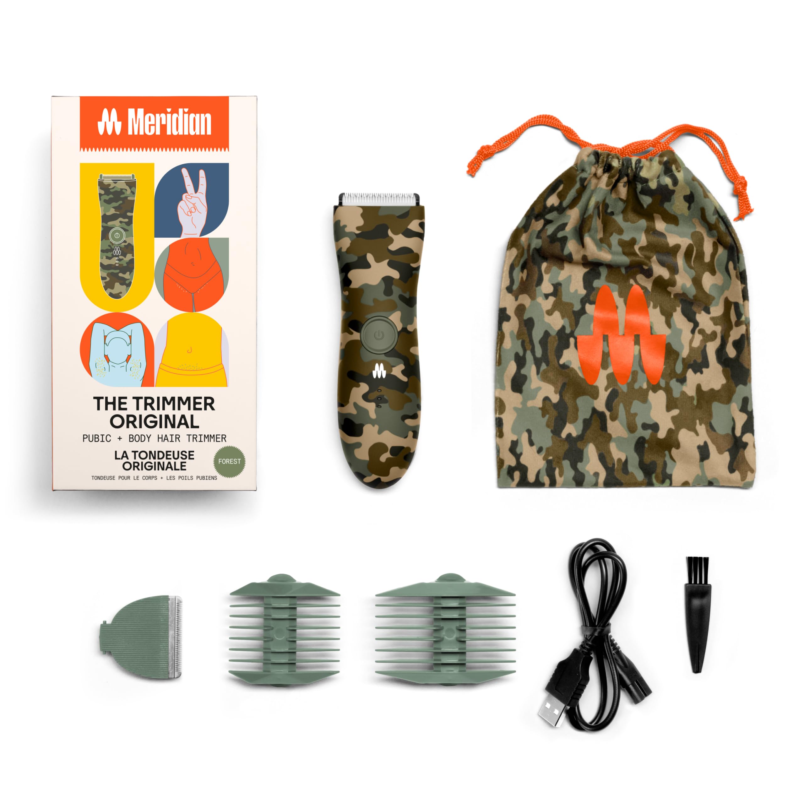 Meridian The Trimmer Original, rasoio elettrico da uomo, per peli pubici, petto, gambe e bikini, impermeabile e ricaricabile, stampa mimetica