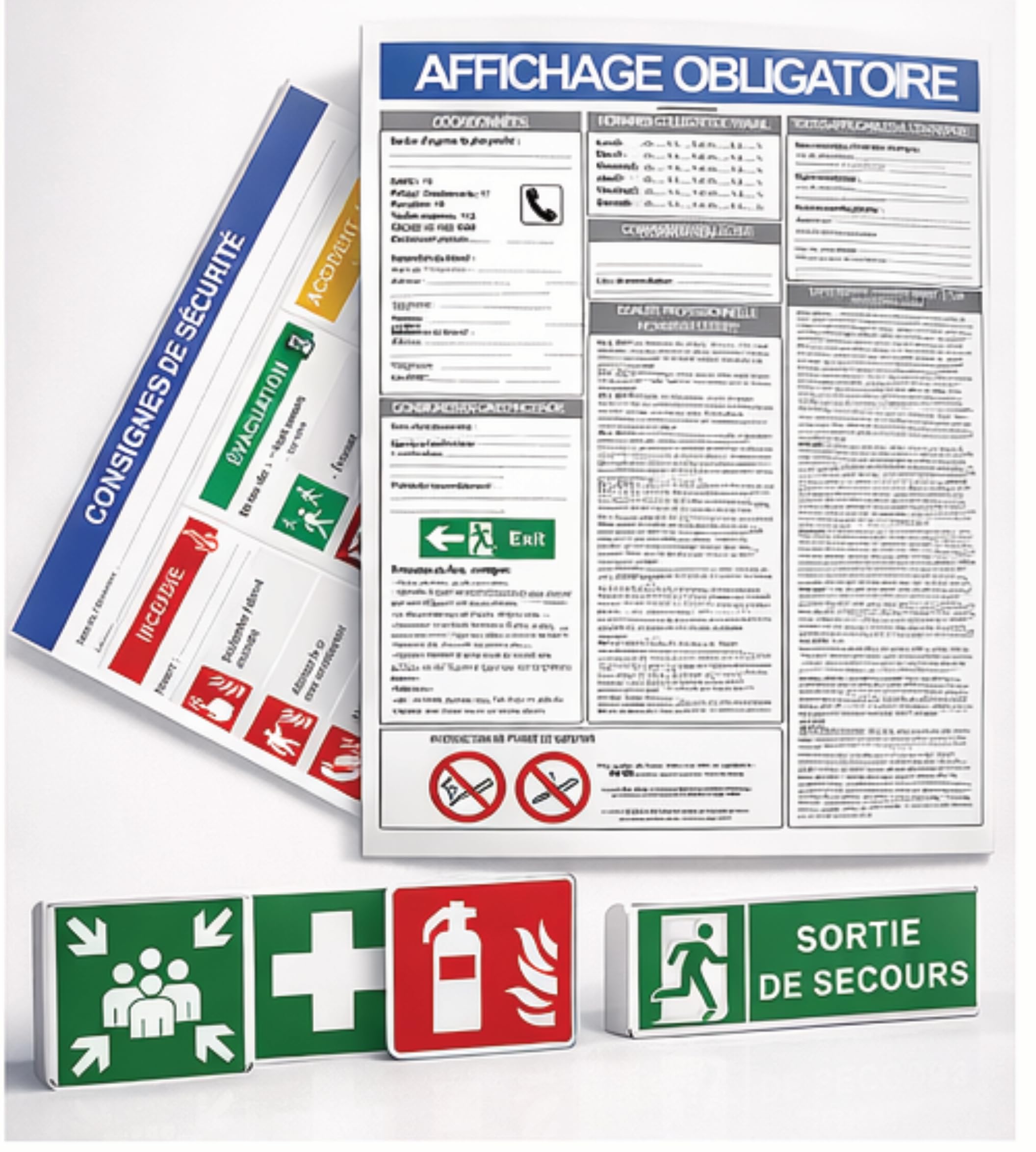 Lot 3 Pack Affichage Obligatoire Entreprise A3 + Consignes de Sécurité + Pictogrammes Sécurité 20x20 + Sortie de Secours 30x10 – Conforme Code du Travail – Vinyle Résistant